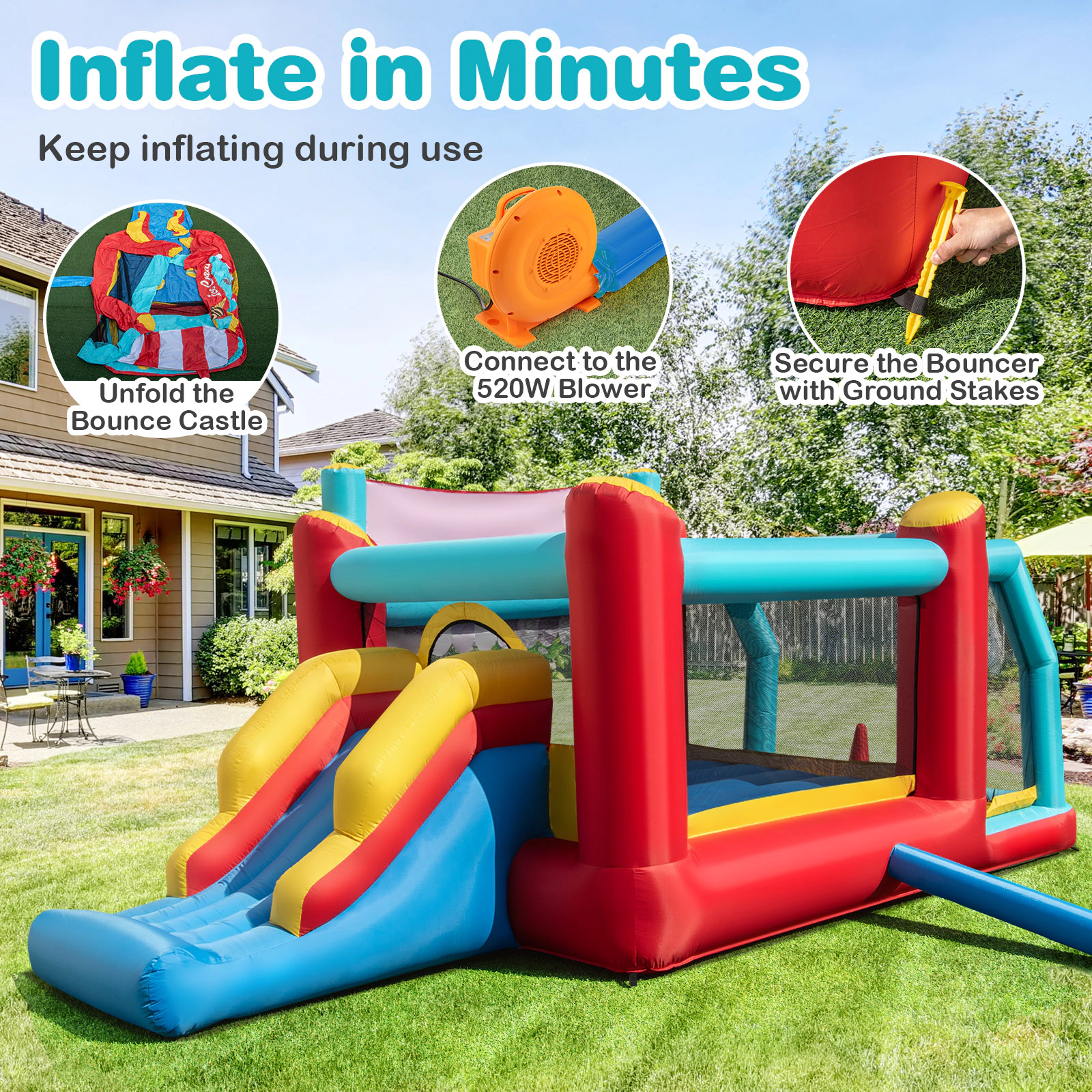 SUGIFT Ball Pit Slide and 520W Blower 5-in-1 Ice Cream Kids Inflatable Bounce House