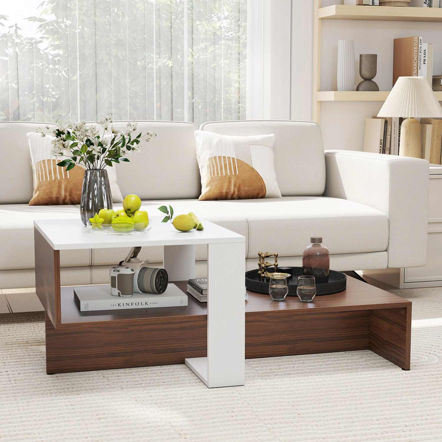 SlickBlue Modern Geometric Coffee Table, 2-Tier Storage Shelf, Wood Grain Center Table for Living Room