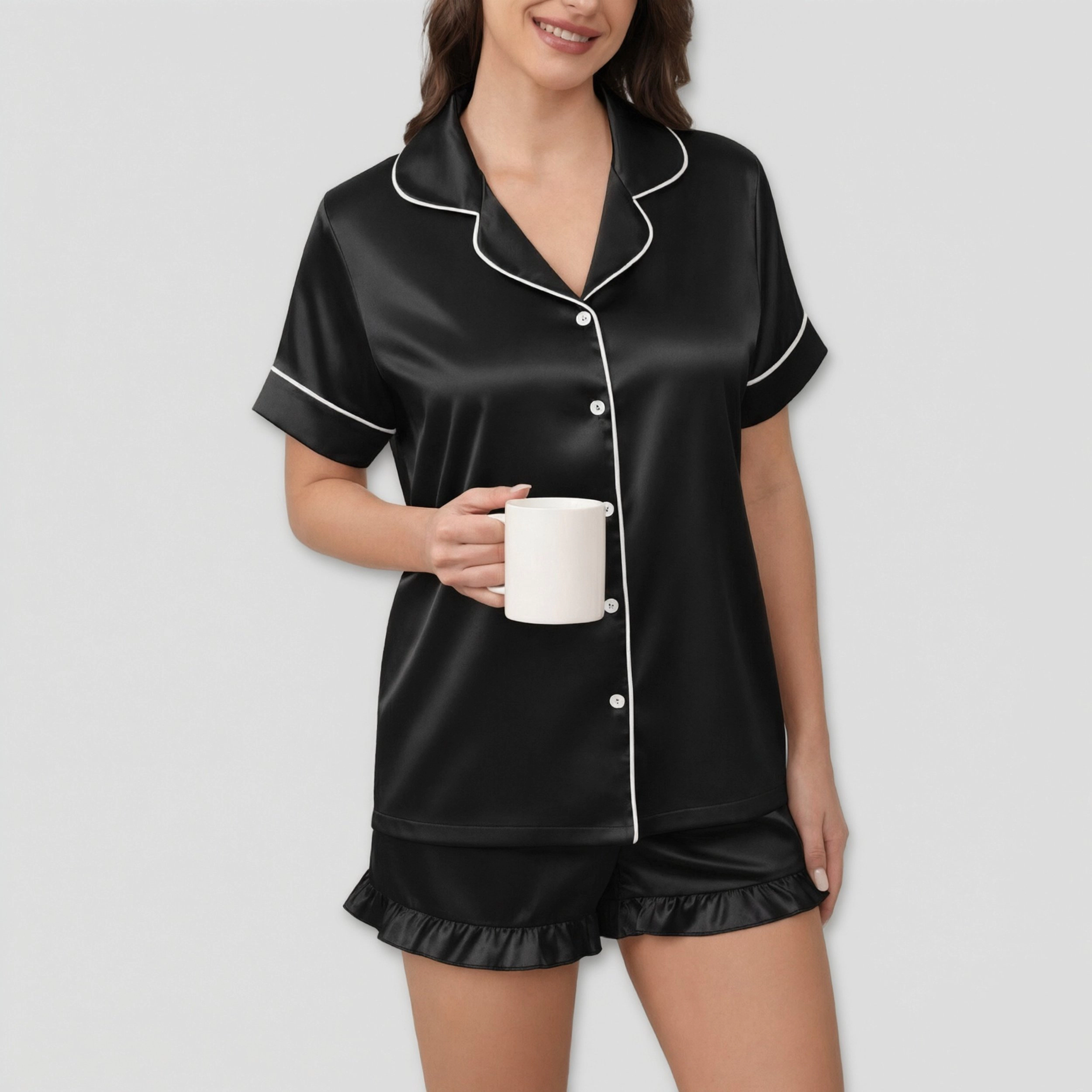 Ekouaer Silk Pajamas Set for Women Short Sleeve Sleepwear Collared Loungewear with Button Down
