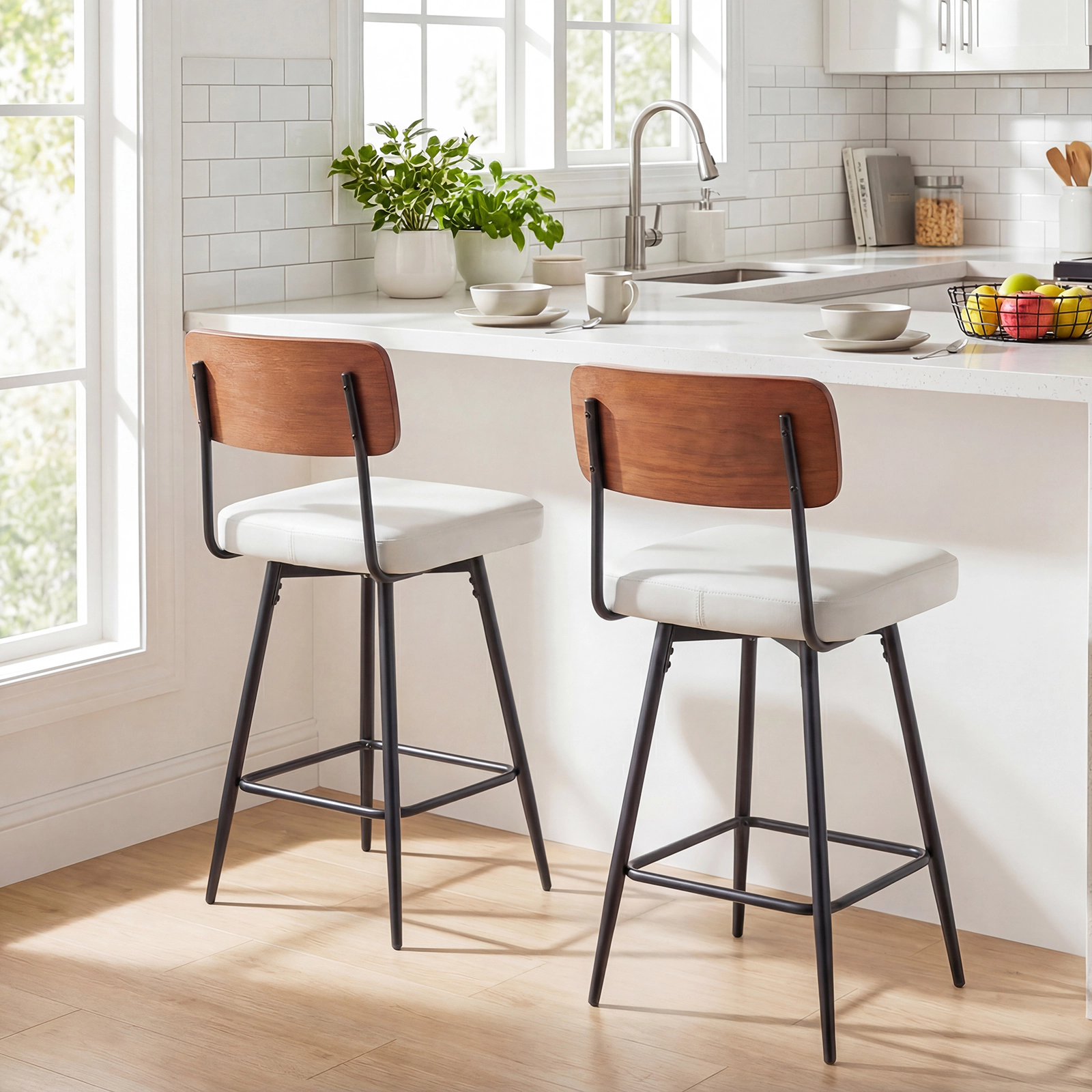 SUGIFT 27-in Padded 360° Swivel Counter Bar Stools Set of 2 Footrest 330-lb Capacity 27-in Seat Height White Cushion