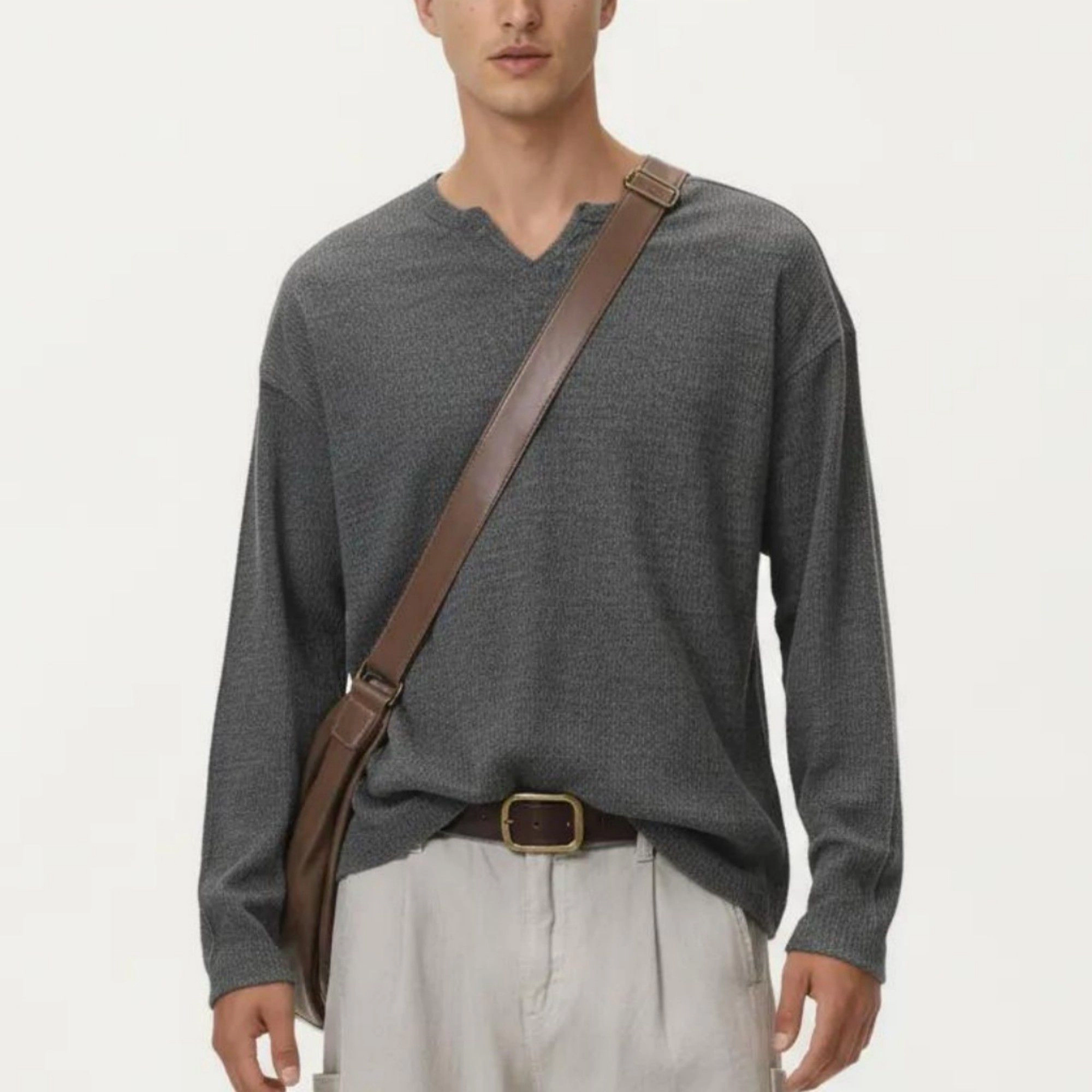 Anna-Kaci Men's Long Sleeve Pullover Top with Layered Notch Neckline and Relaxed Fit