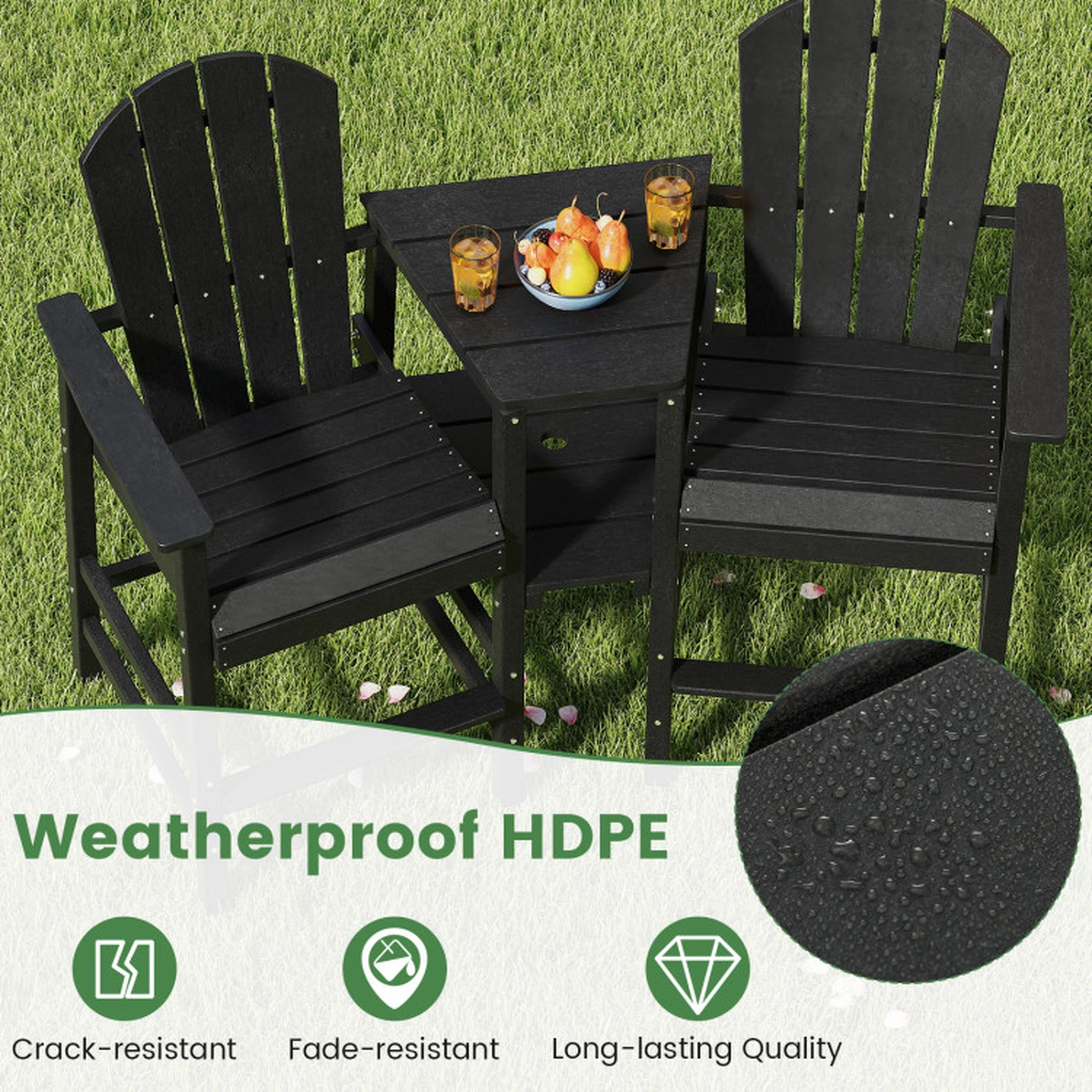 SUGIFT 2-Seat Adirondack Chair Set HDPE with Connecting Tray and Umbrella Hole