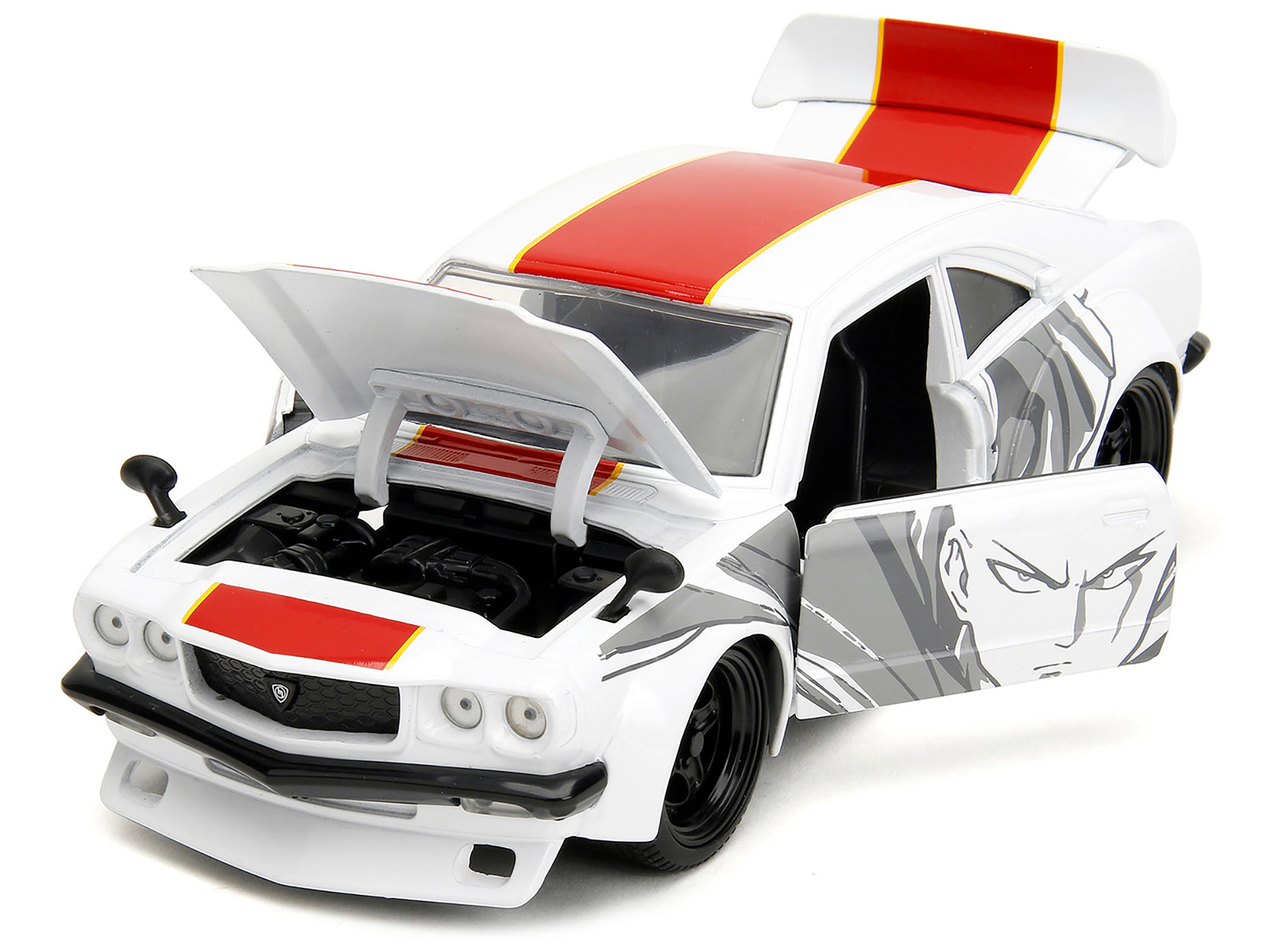 Jada 1974 Mazda RX-3 White with Red Stripe and Graphics and Saitama Diecast Figure "One Punch Man" (2015-2019)