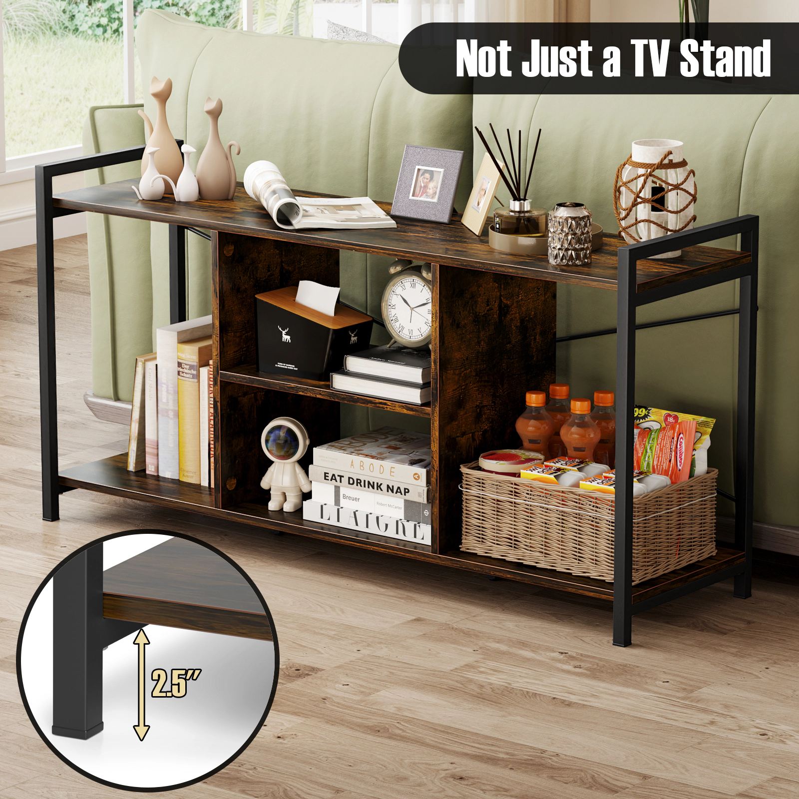 SUGIFT 3-Tier Industrial TV Stand for 55-In TVs with Open Shelves 200-Lb Capacity 47-in Wide Rustic Brown & Black