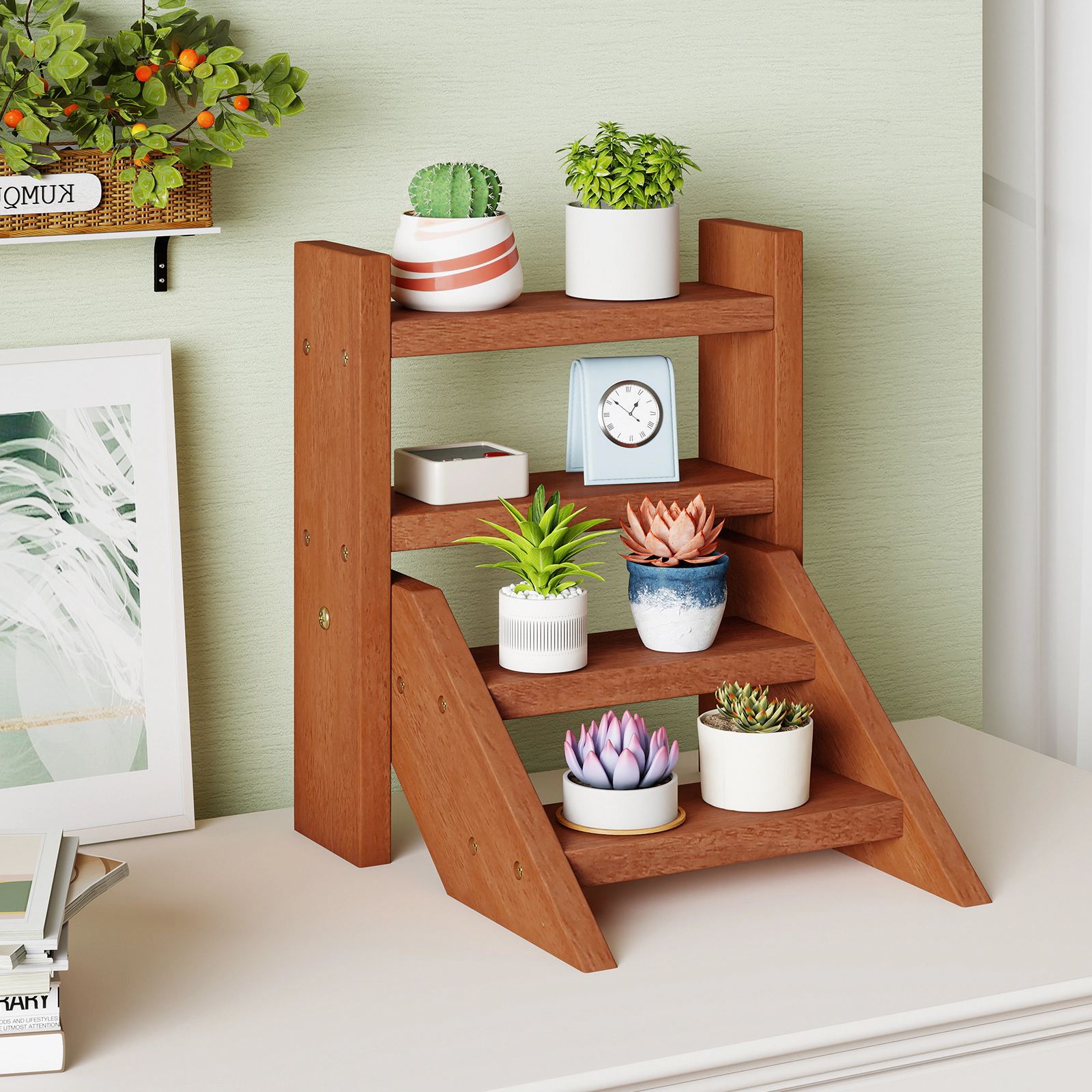 Slickblue Indoor Plant Stand 4 Tier Wood Ladder Rack Succulent Flower Display Organizer Shelf