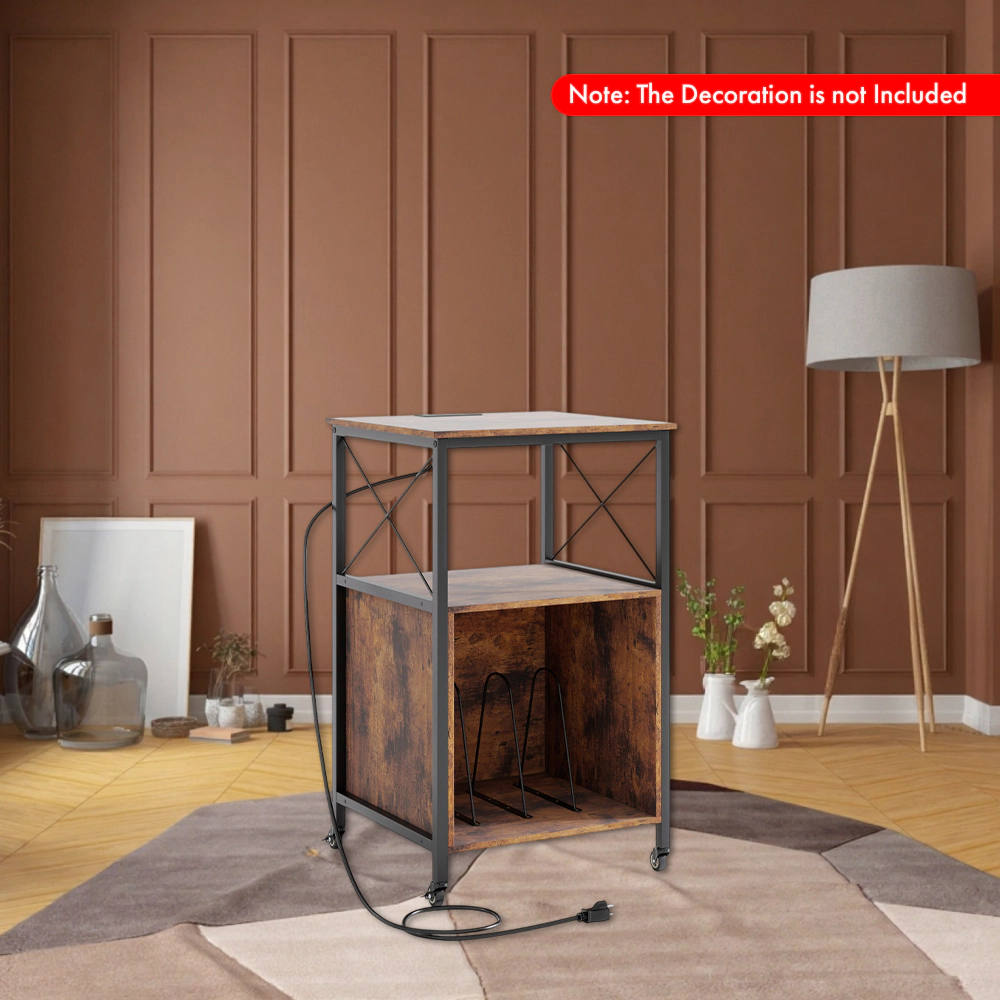 Hivvago Mobile Vinyl Record Stand with Charging Station, Open Shelf, and Sectioned Storage