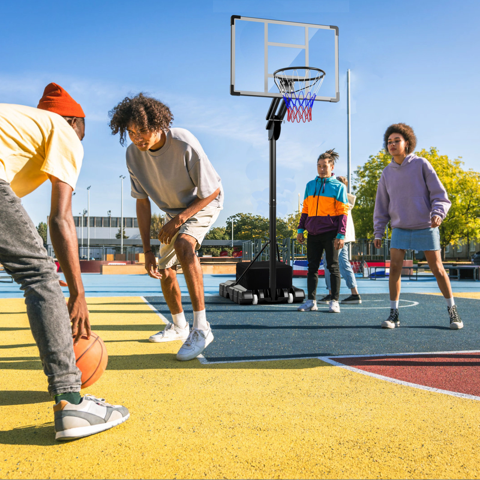 SUGIFT Black Adjustable Basketball Hoop with Shatterproof PET Backboard and Weight Bag 4.9-ft to 10-ft H 18-in Rim