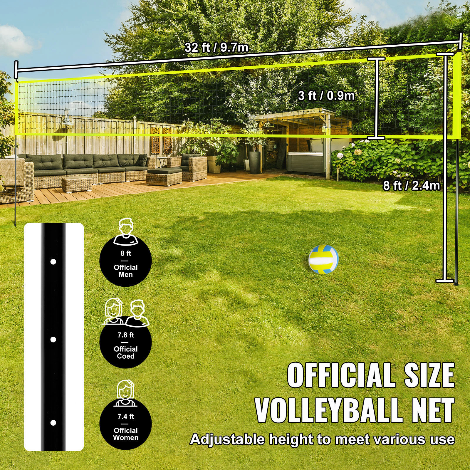 HONGGE Portable Outdoor Volleyball Net Set, Adjustable 7.4-8 ft Official Height, Steel Poles, Ball, Pump & Bag
