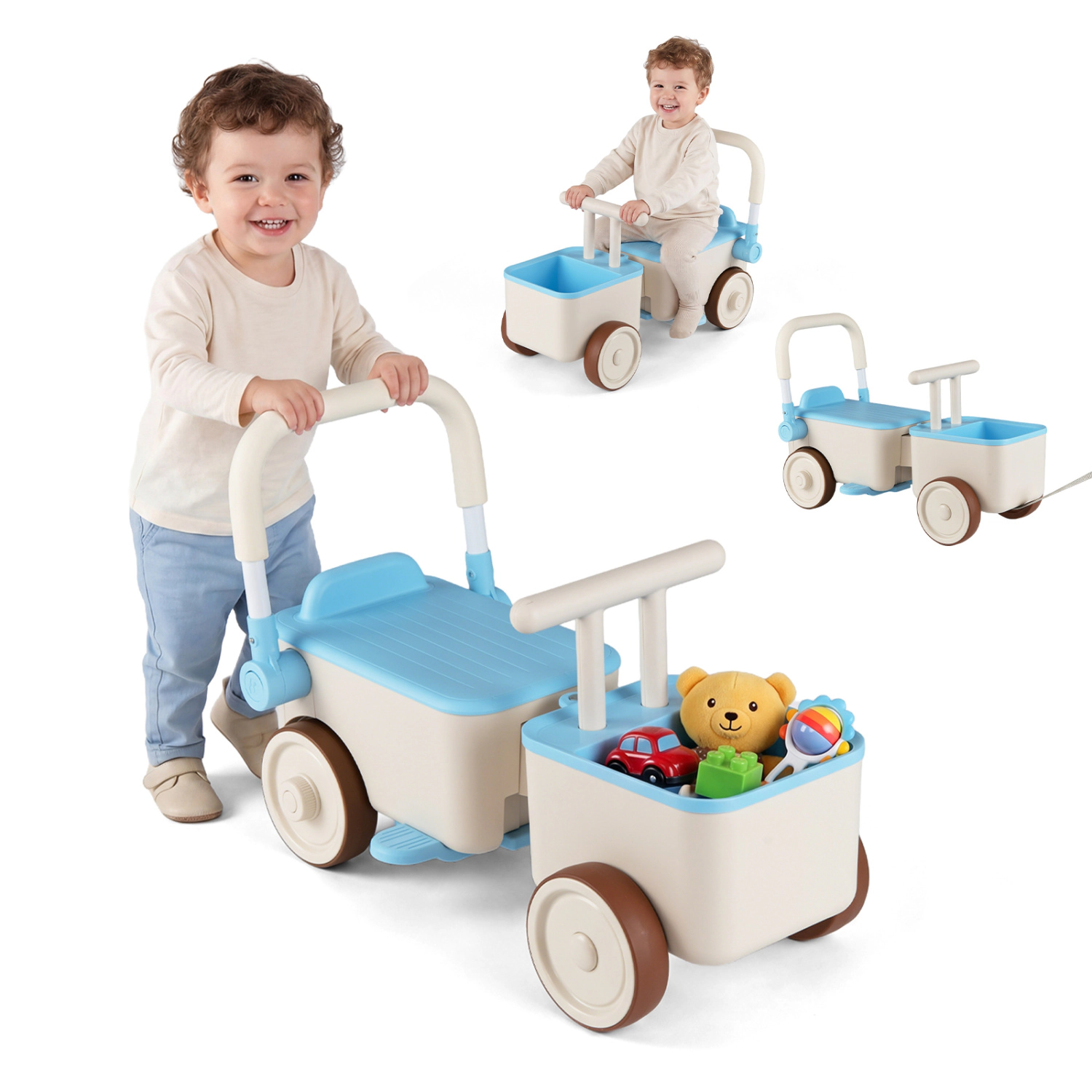 LJG 3-in-1 Kids Ride on Push Car with Rope and Storage Basket