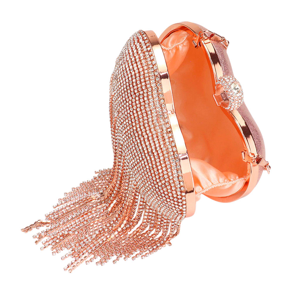 Fashnzfab Rhinestone Fringe Heart Evening Tote Clutch Crossbody Bag