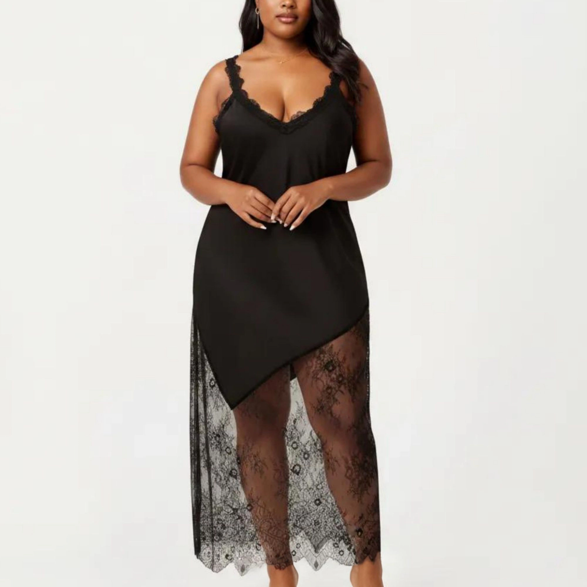 Anna-Kaci Women's Plus Lace Trim Slip Dress Asymmetrical Hem Sheer Mesh Nightgown Sleepwear