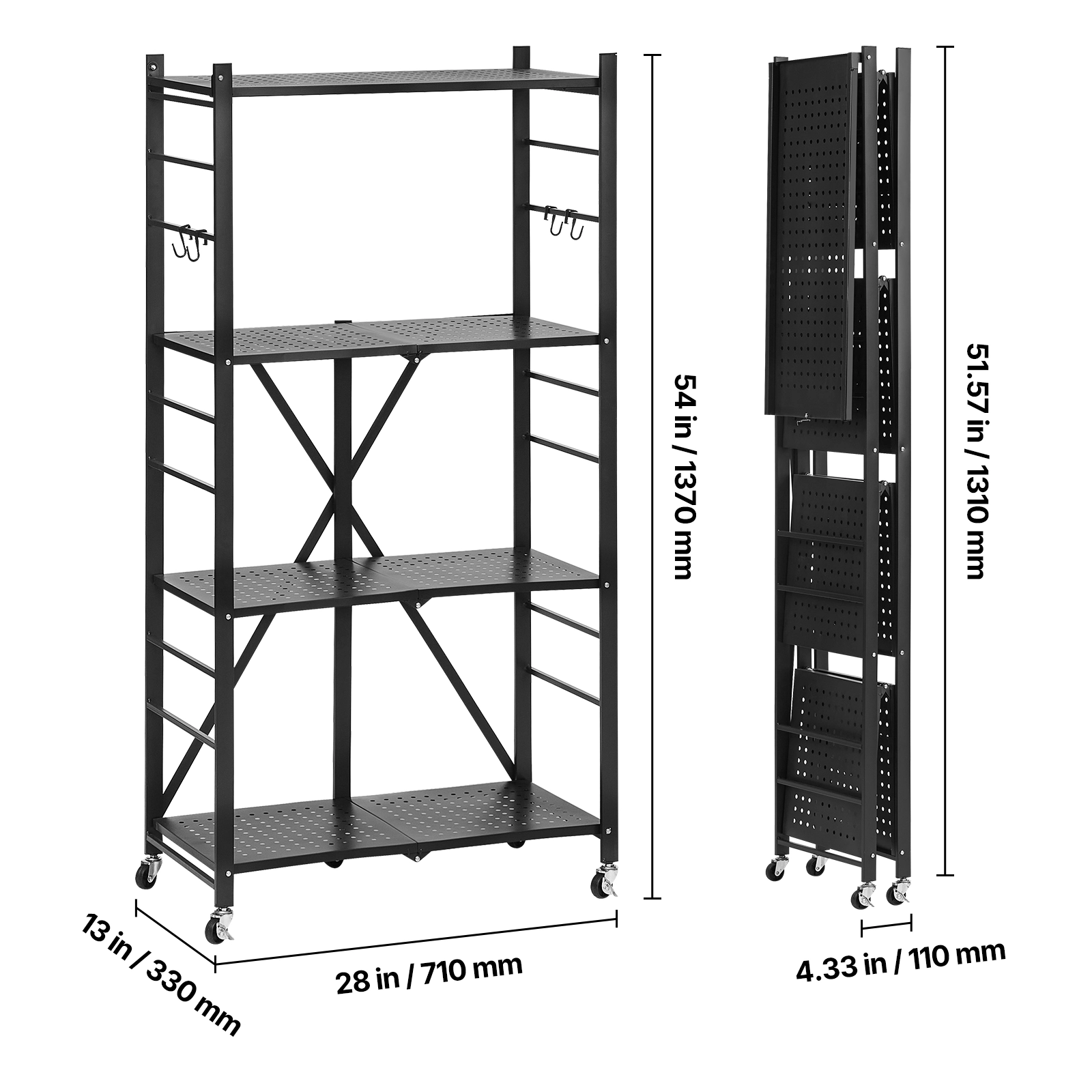 Flynama 4-Tier Foldable Storage Shelf, 28x13x54in, No Assembly Rack with 5 Wheels and 4 Hooks for Pantry Kitchen Garage