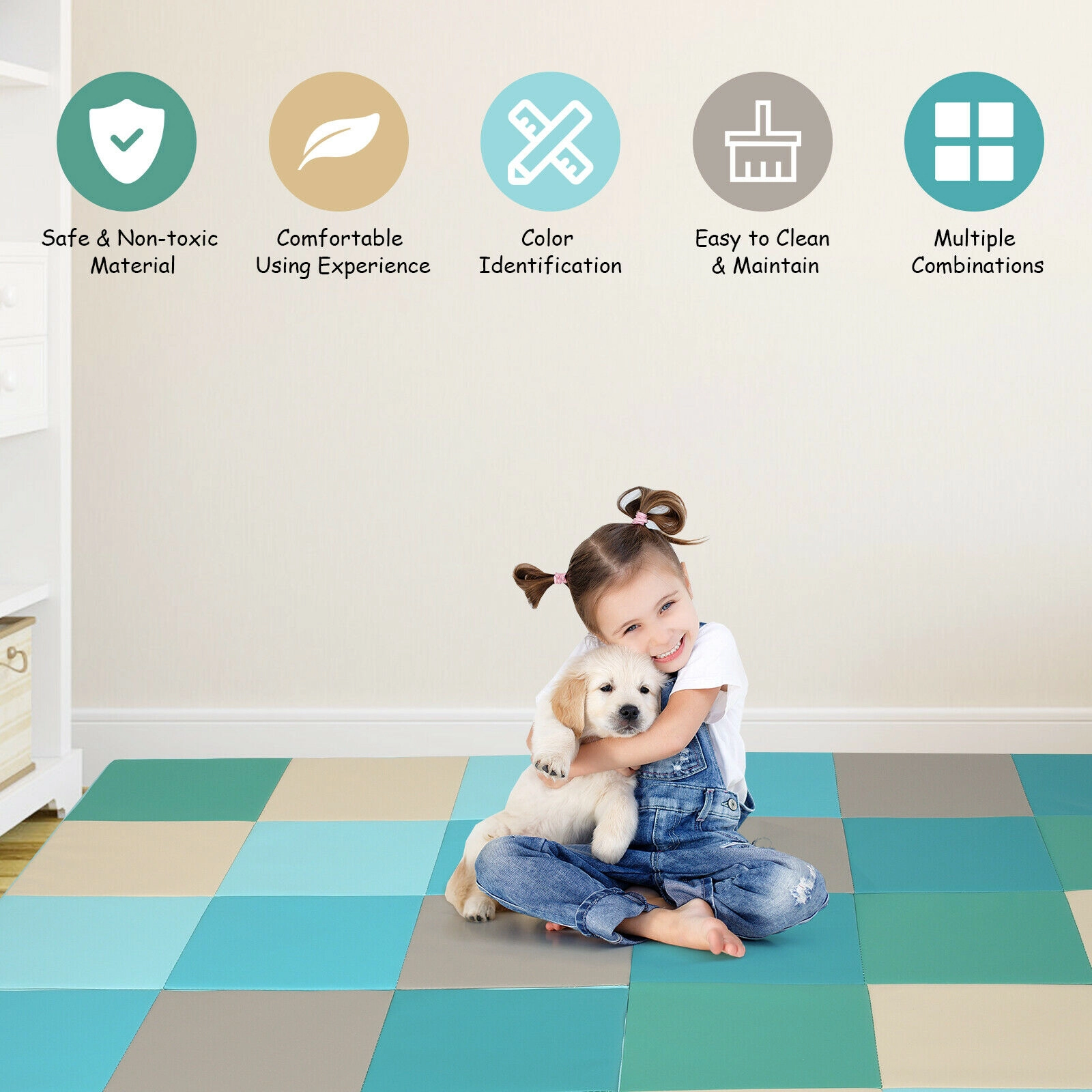 SUGIFT Light Blue 58-in Foldable Baby Play Mat with 1-in EPE Foam Core and Waterproof Non-Slip PU Top