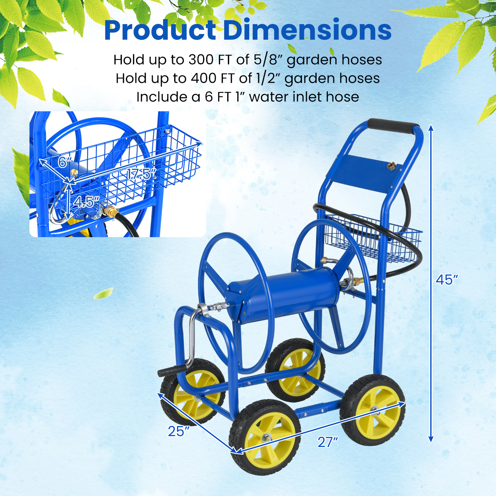 SUGIFT Garden Hose Reel Cart Metal Organizer with 4 Wheels and Storage Basket