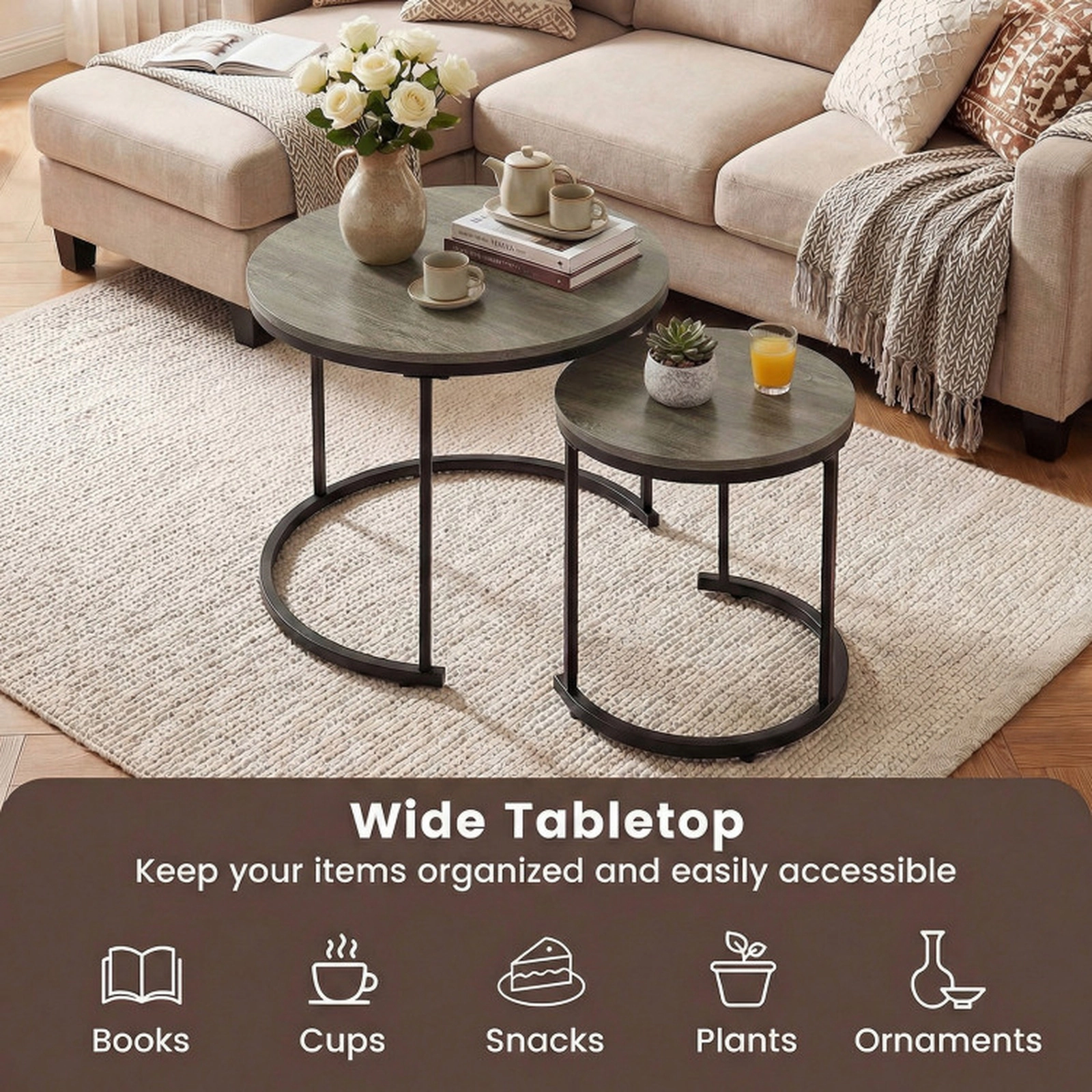 SUGIFT Set of 2 Modern Round Stacking Nesting Coffee Tables with MDF Top and Steel Frame 24-in Table Rustic Brown/Brown