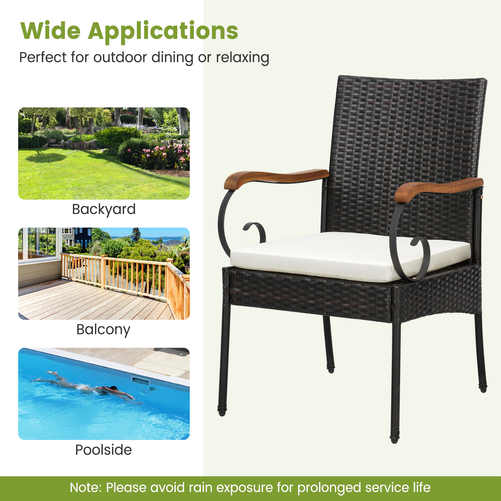 SUGIFT Set of 4 PE Wicker Patio Dining Armchairs with Acacia Wood Arms