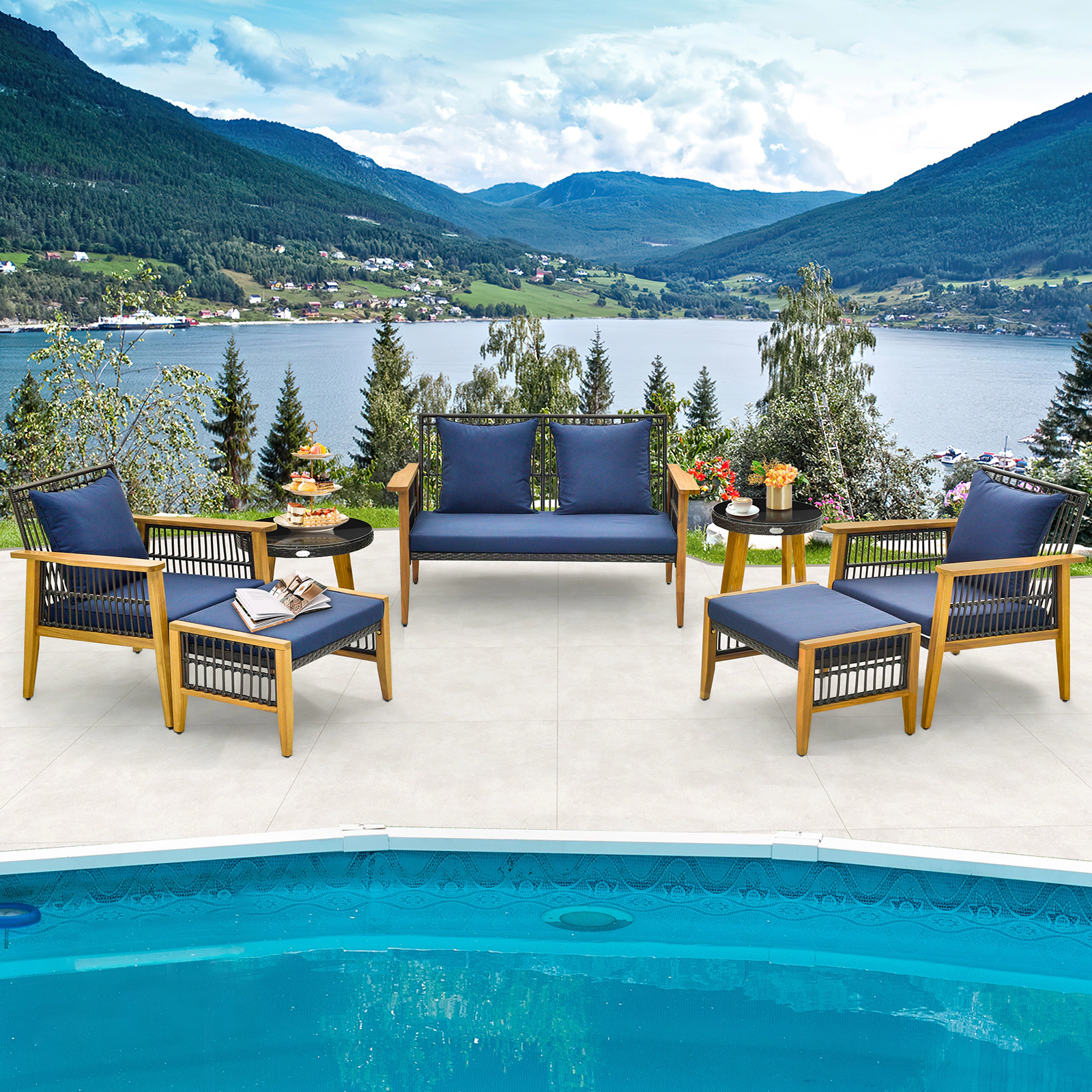 SUGIFT Navy Acacia Wood Frame Ottomans and 2 Tables 7-Piece Outdoor Conversation Set