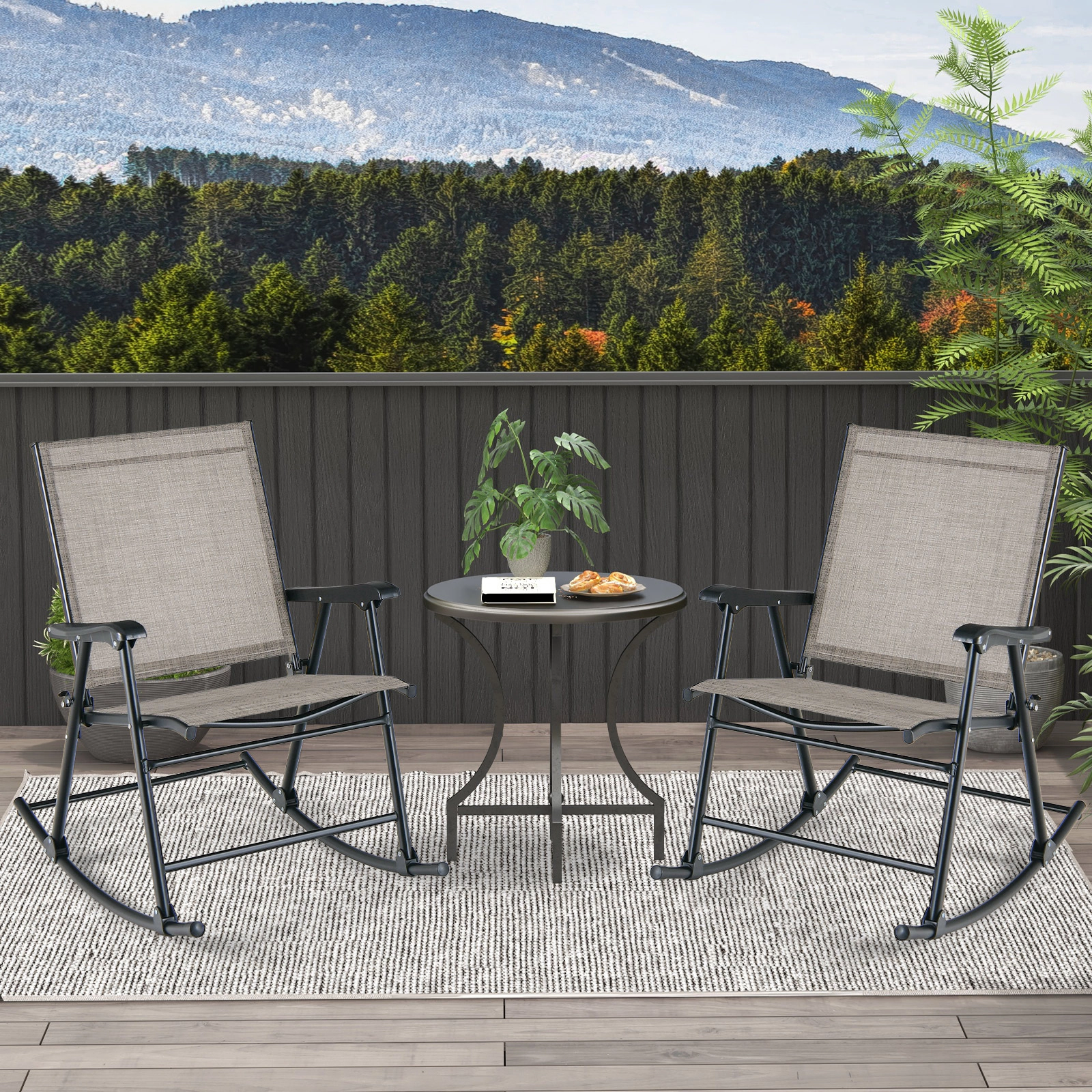 SUGIFT Folding Rocking Chair Set of 2 with Breathable Fabric Seat 330-lb Capacity 32.5-in Rocking Frame Brown