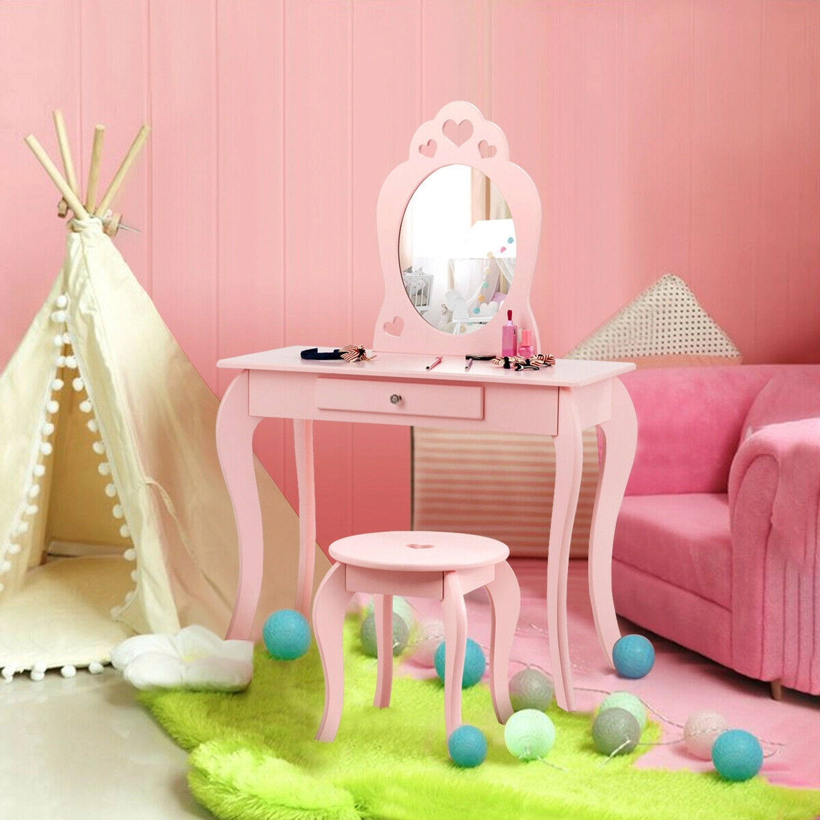 SUGIFT Kids Princess Makeup Vanity Table and Stool Set with Mirror 33-lb Table 66-lb Stool Capacity Pink/White 2-Piece