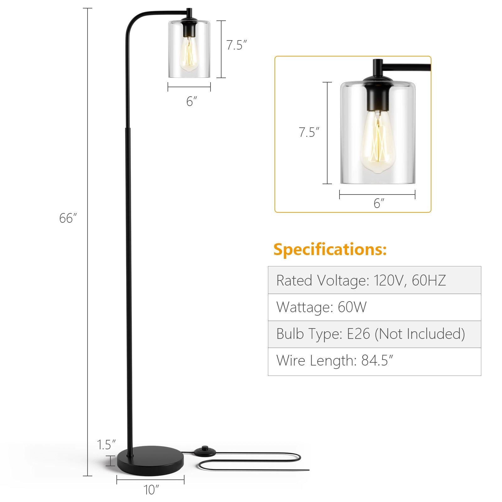 SlickBlue 66-Inch Floor Lamp, Glass Shade, Black