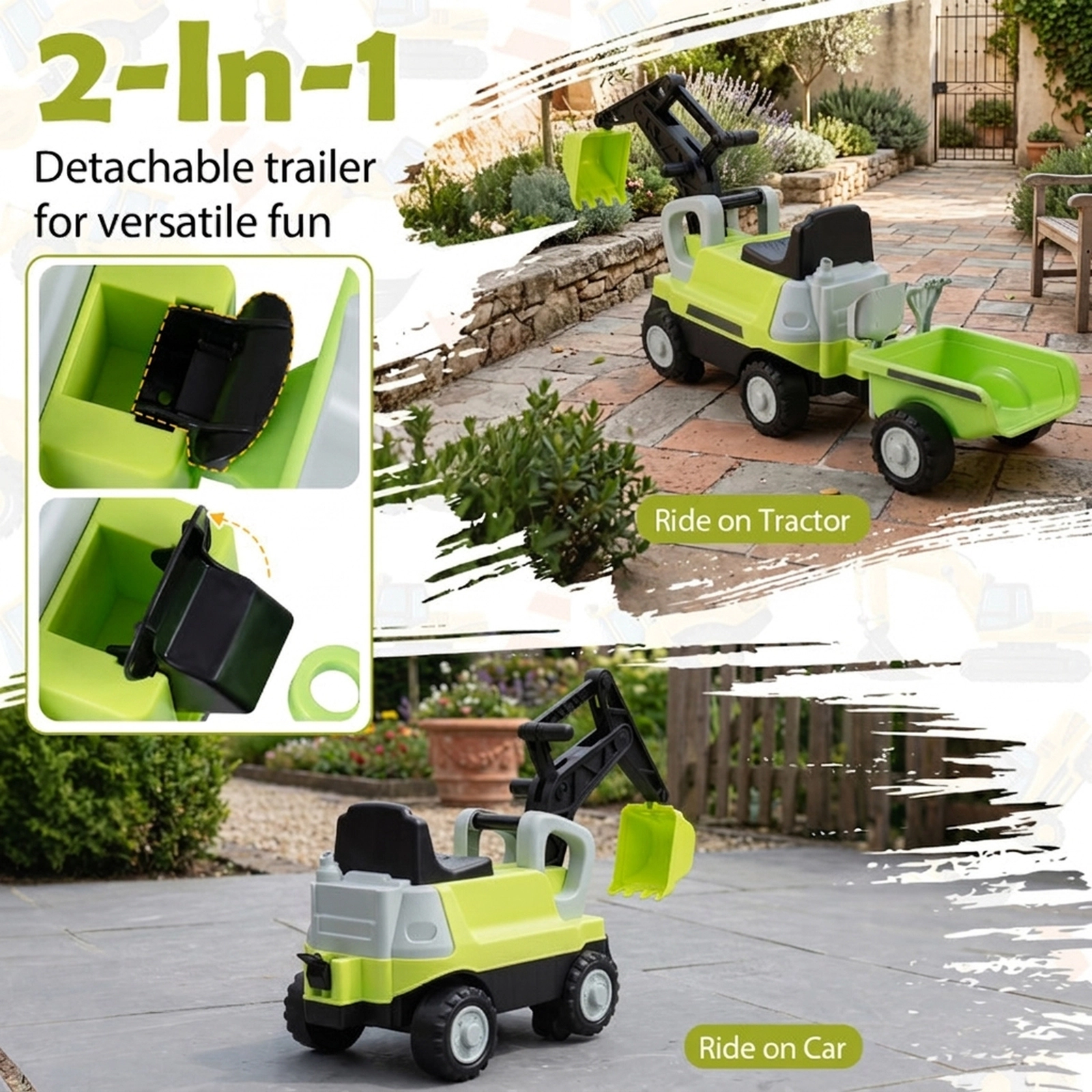 SUGIFT 2-in-1 Kids Ride-On Tractor with Digging Arm and Detachable Trailer 55-lb Capacity Ages 3+ Green/Yellow
