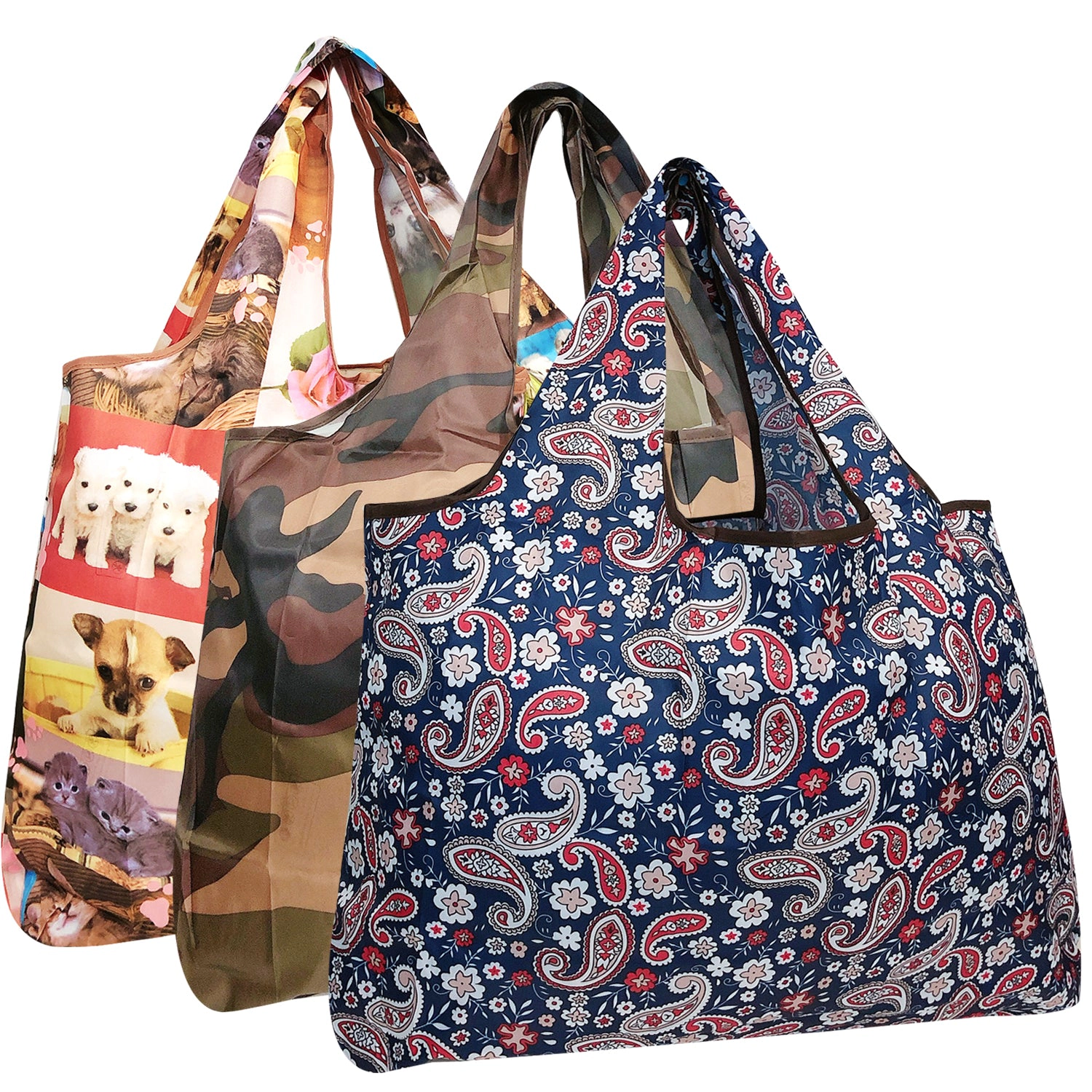 Wrapables Large Nylon Reusable Shopping Bags for Groceries (Set of 3), Pets / Camo / Paisley