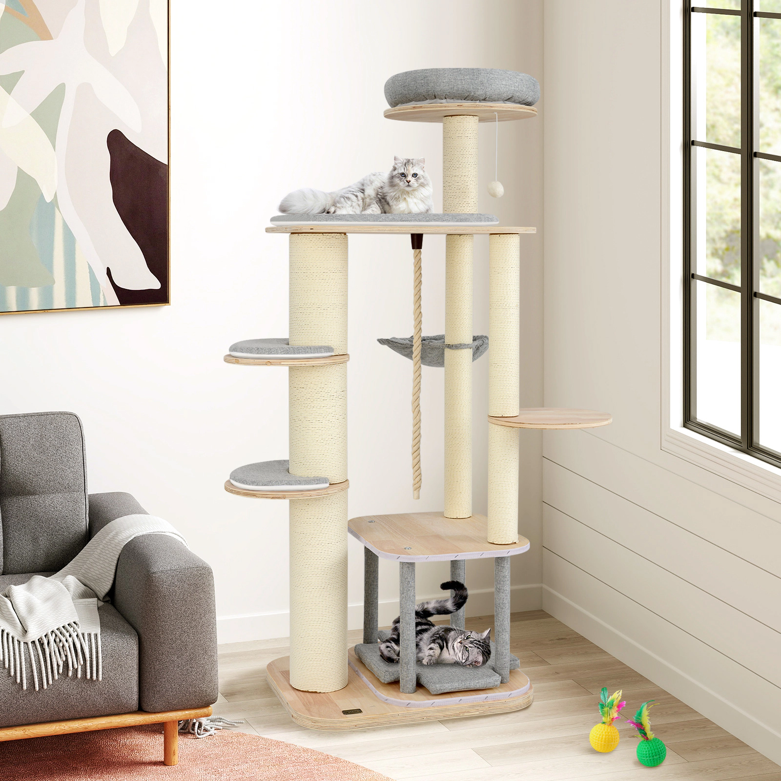 LJG 63 Inch Tall Cat Tree Modern Wooden Cat Tower with Perch Condo Hammock