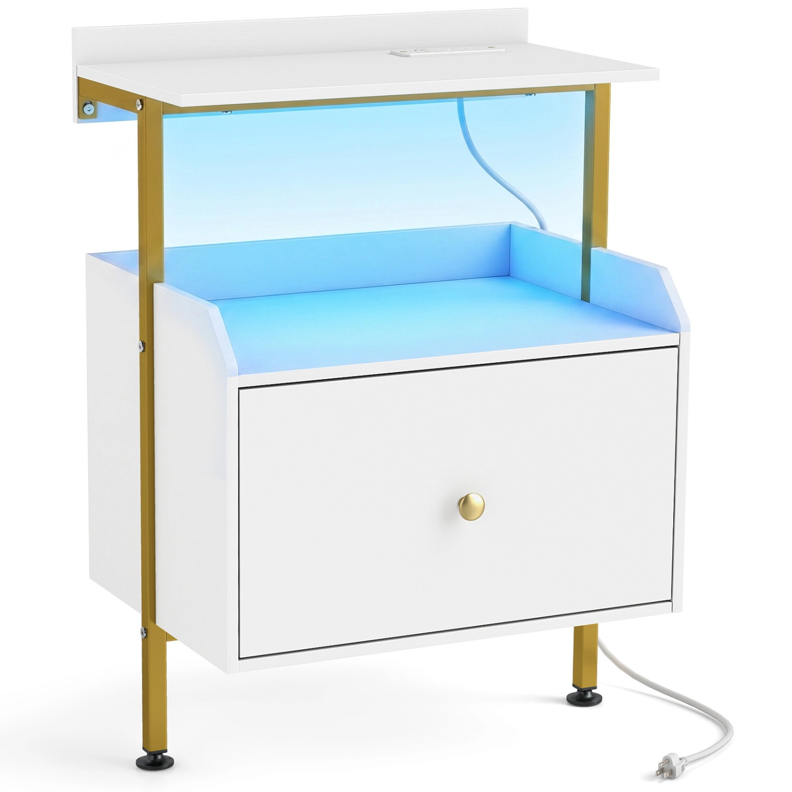 SUGIFT Wall Mounted Nightstand White with LED Lights Charging Station and Drawer