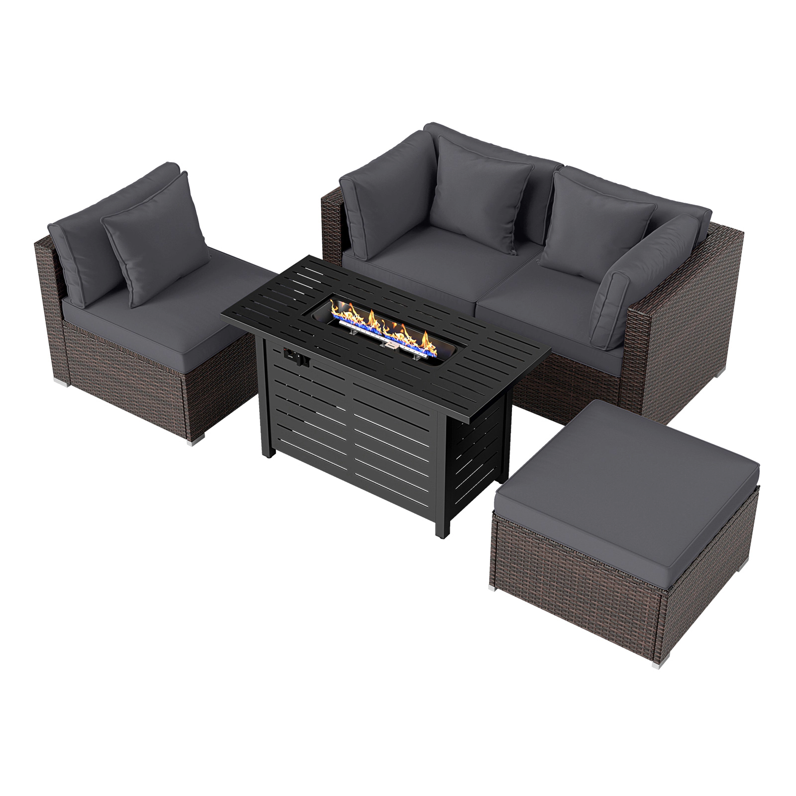 SUGIFT Heavy-duty Frame Rattan Conversation Sofa Set with 60000 BTU Firepit Table 400-lb Capacity Mix Brown Rattan Gray
