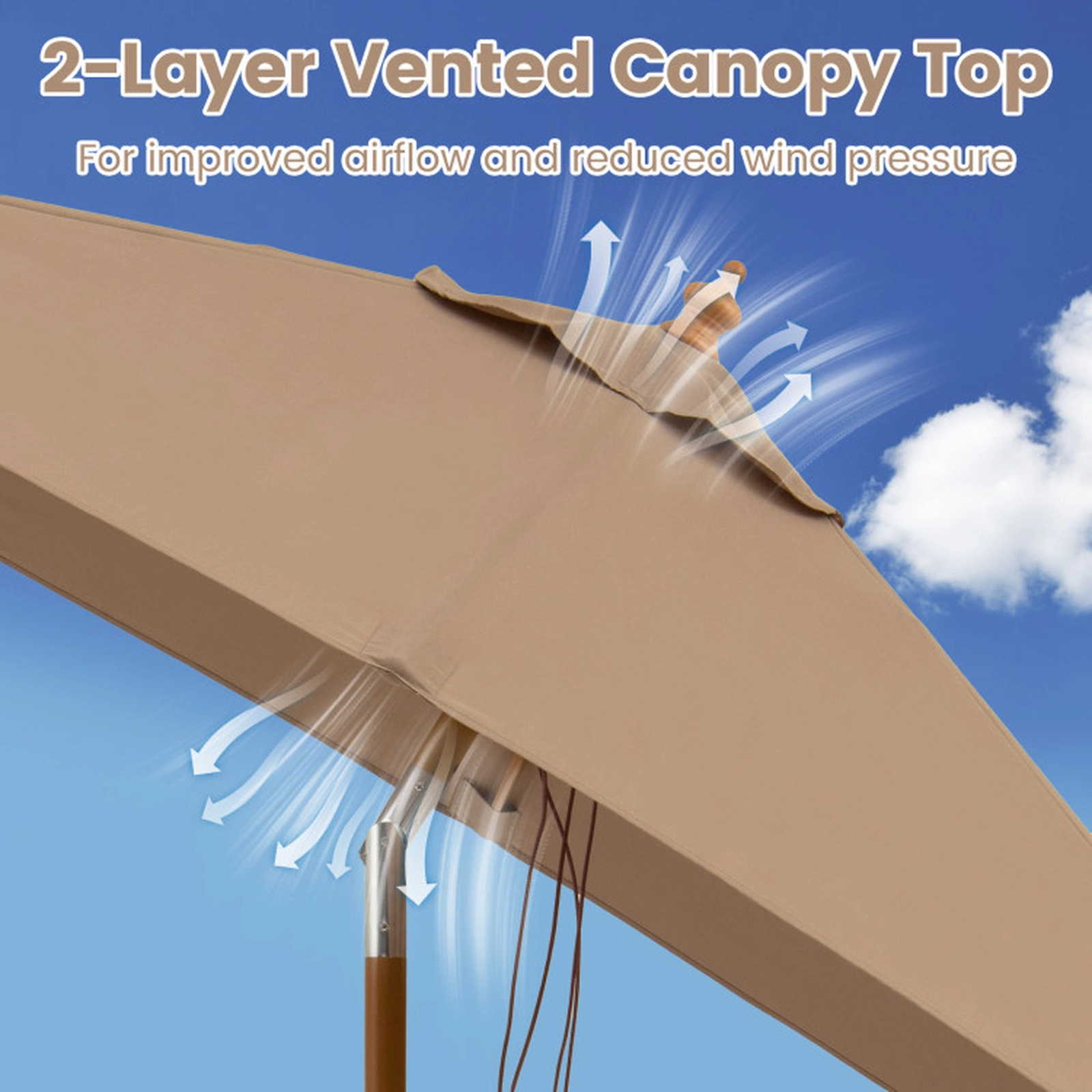SUGIFT 7-ft Rectangular Patio Umbrella with Push-Button Tilt 3-Height Adjustment Rope Pulley Coffee
