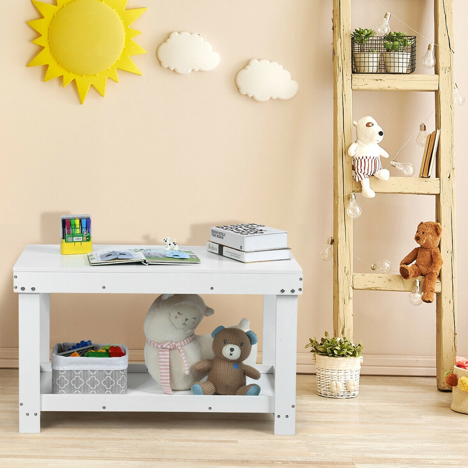 SUGIFT Kids Activity Table, White Solid Pine, 32.5 x 17 in, Removable Shelf