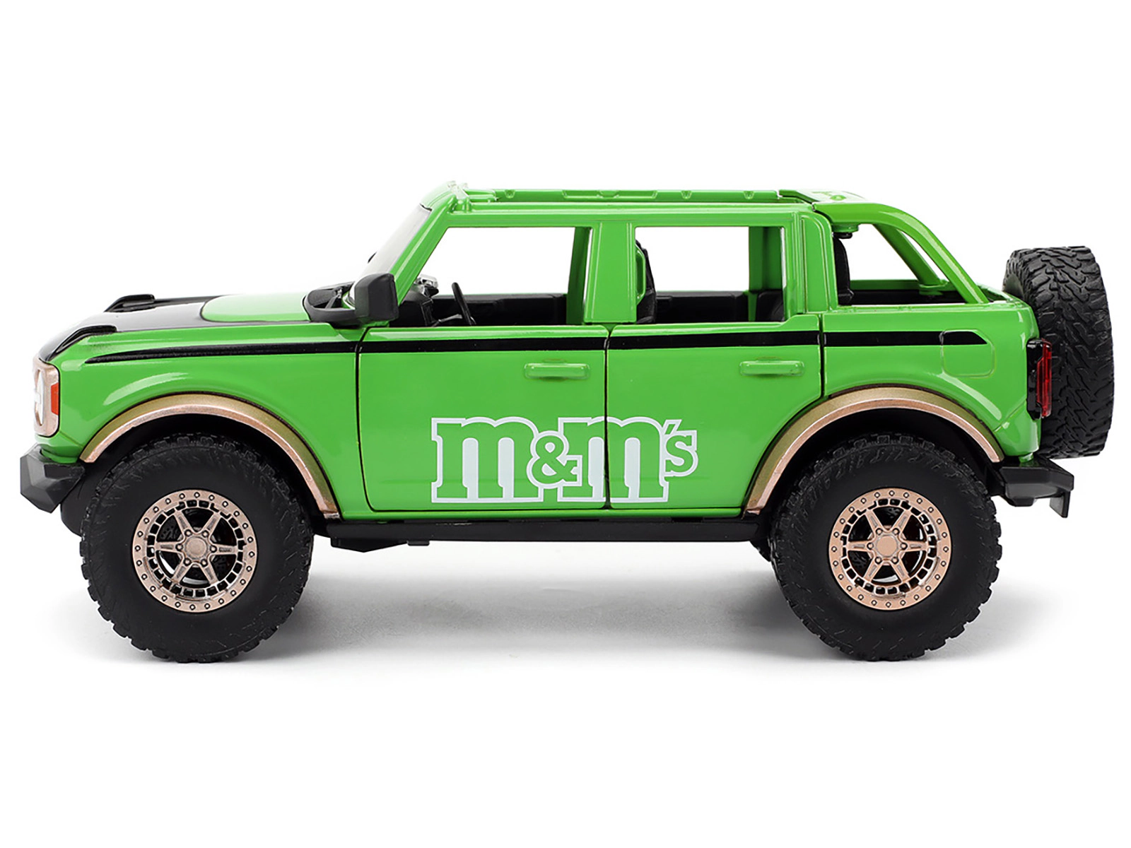 Jada 2021 Ford Bronco Green with Black Stripes and Green M&M's Diecast Figure "Hollywood Rides" Series 1/24