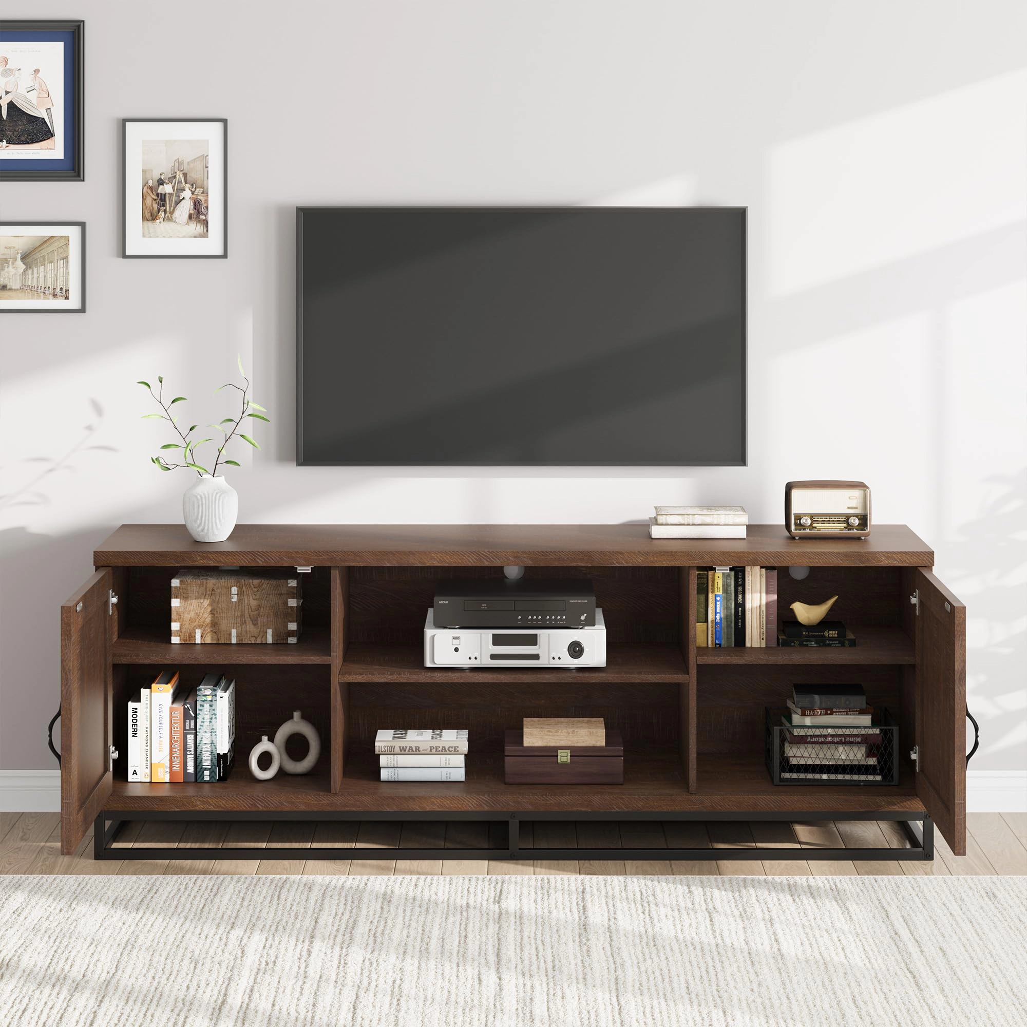 BebreezChic Farmhouse TV Stand for 75inch, Grey Entertainment Center with Sturdy Metal Leg & Adjustable Shelves