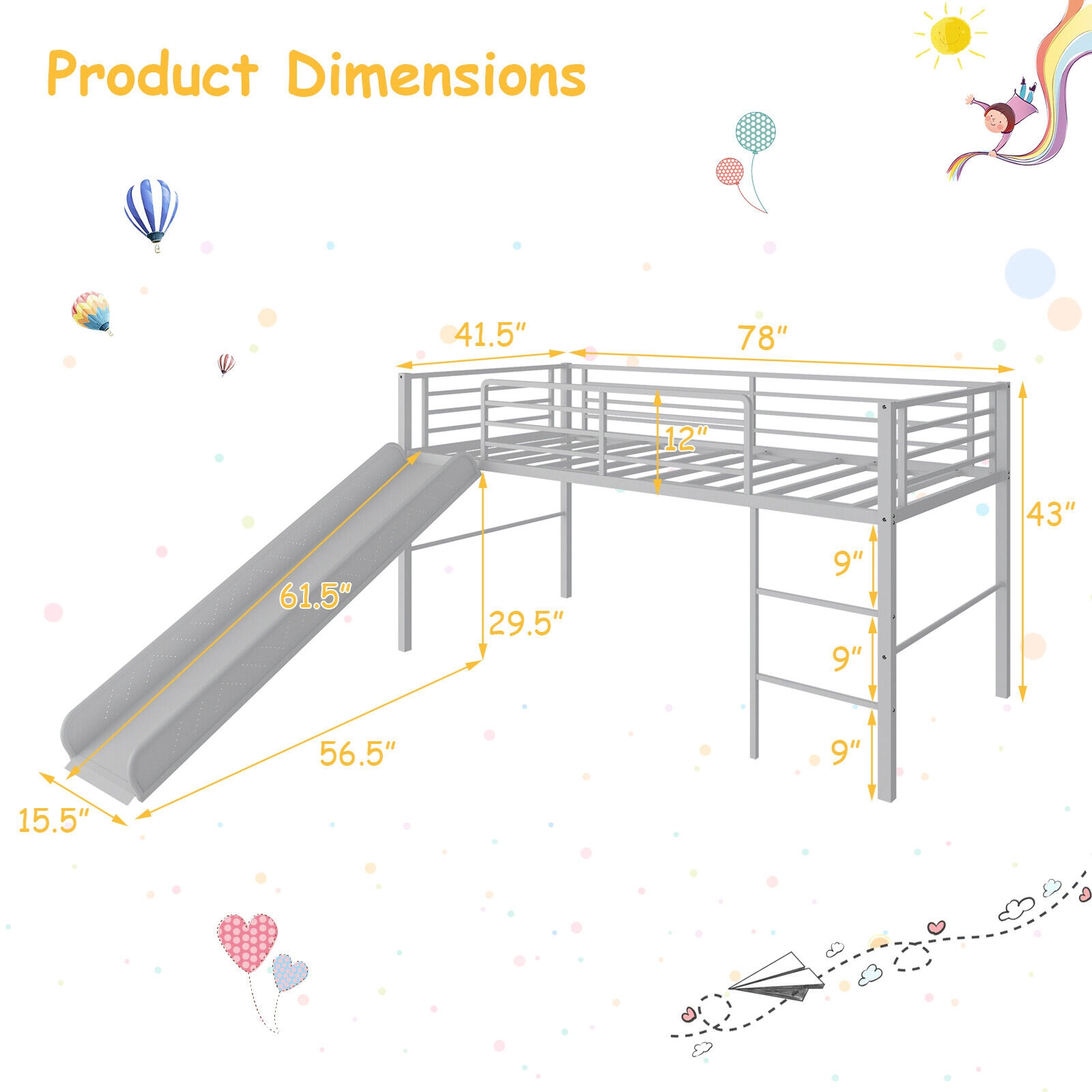 SUGIFT Silver 61-in Slide Safety Guardrails and Built-in Ladder Twin Kids Metal Loft Bed