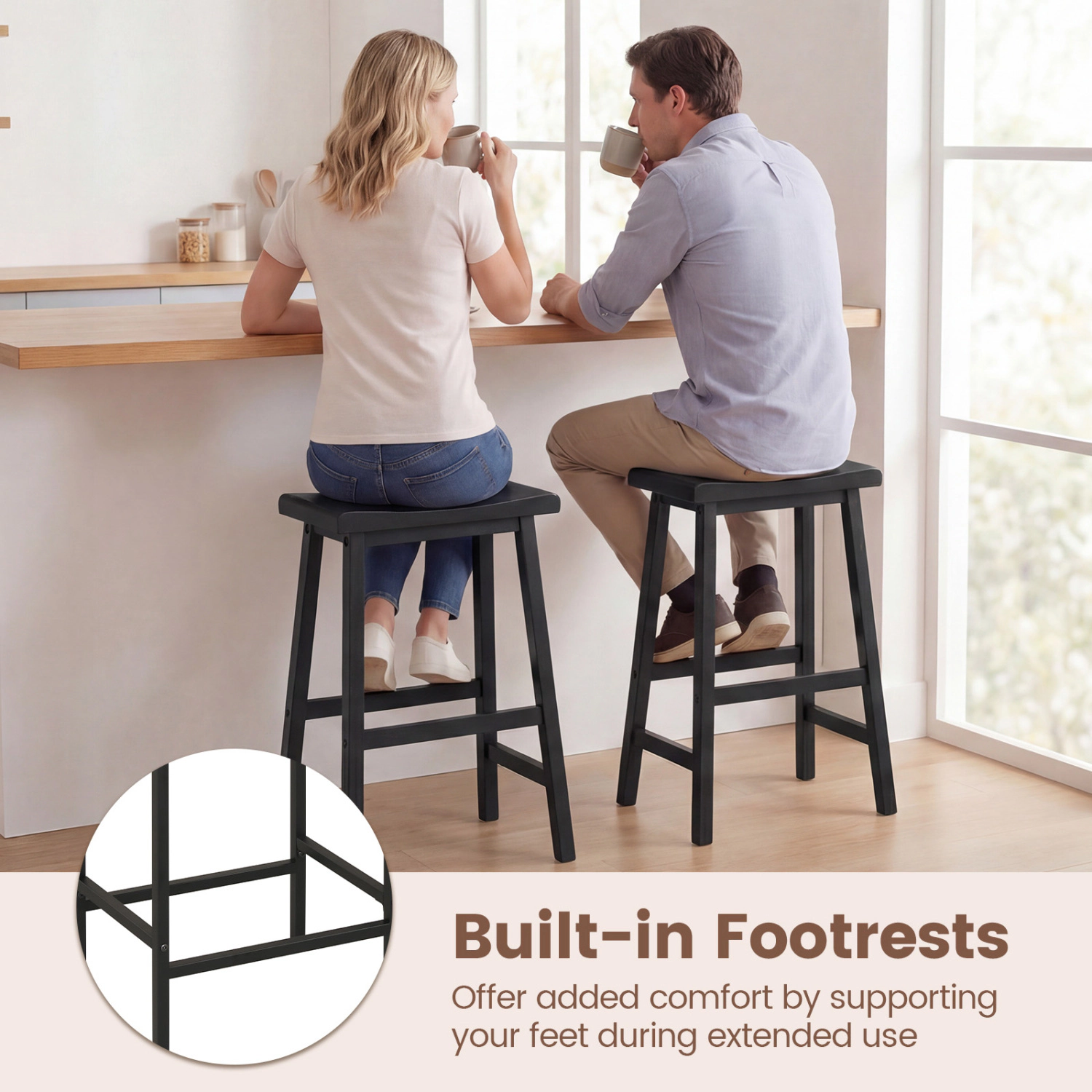 Glintex 2-Piece 24-Inch Backless Solid Wood Saddle Counter Stool Set