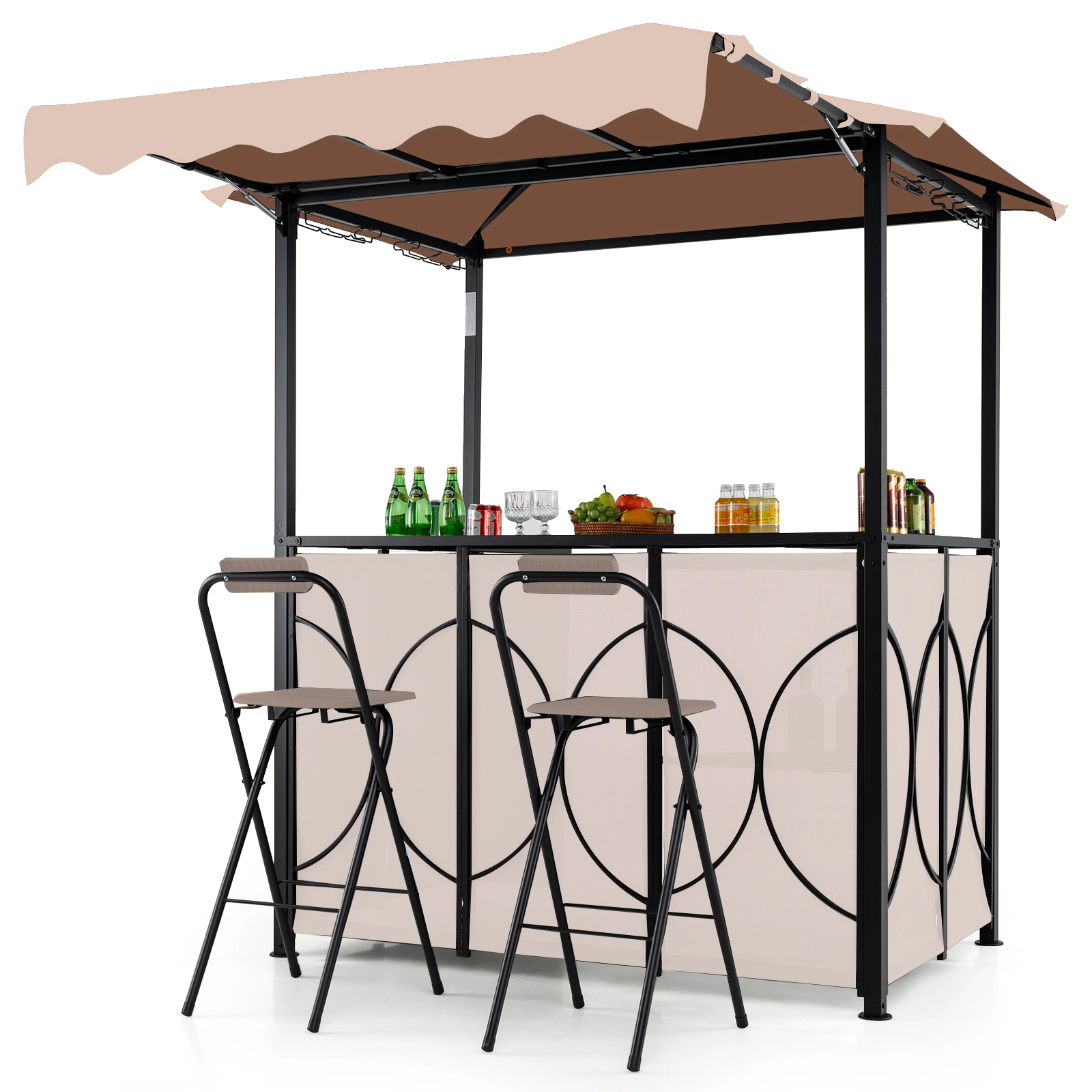 SUGIFT Grill Gazebo Coffee 3-Piece BBQ Canopy with Awning Bar Table and 2 Chairs
