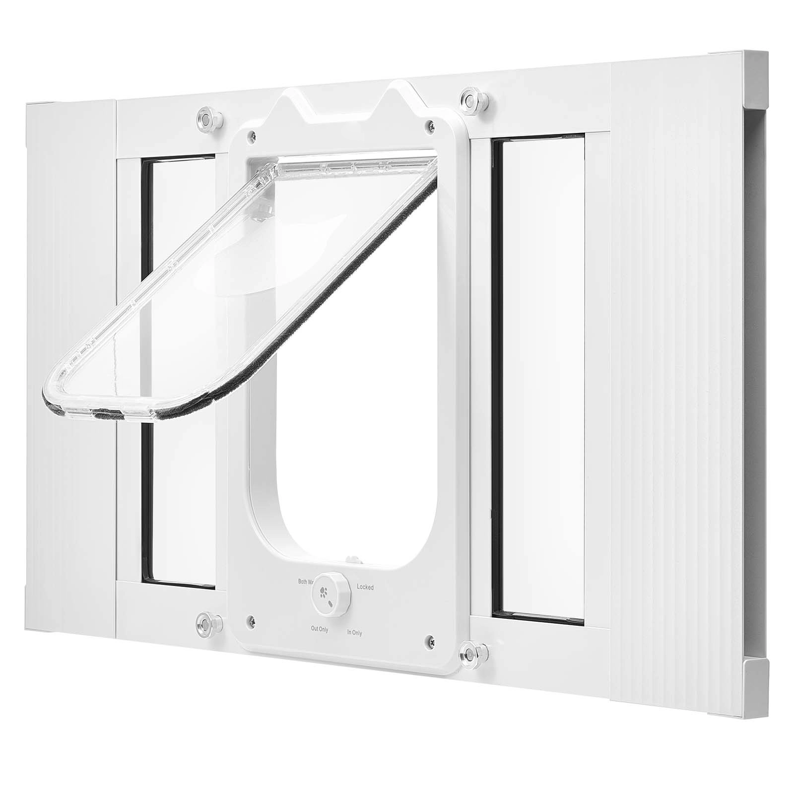 HONGGE Cat Door for Window Adjustable to Fit Window Width - 4 Secure Lock Modes Aluminum Frame and High-Transparency