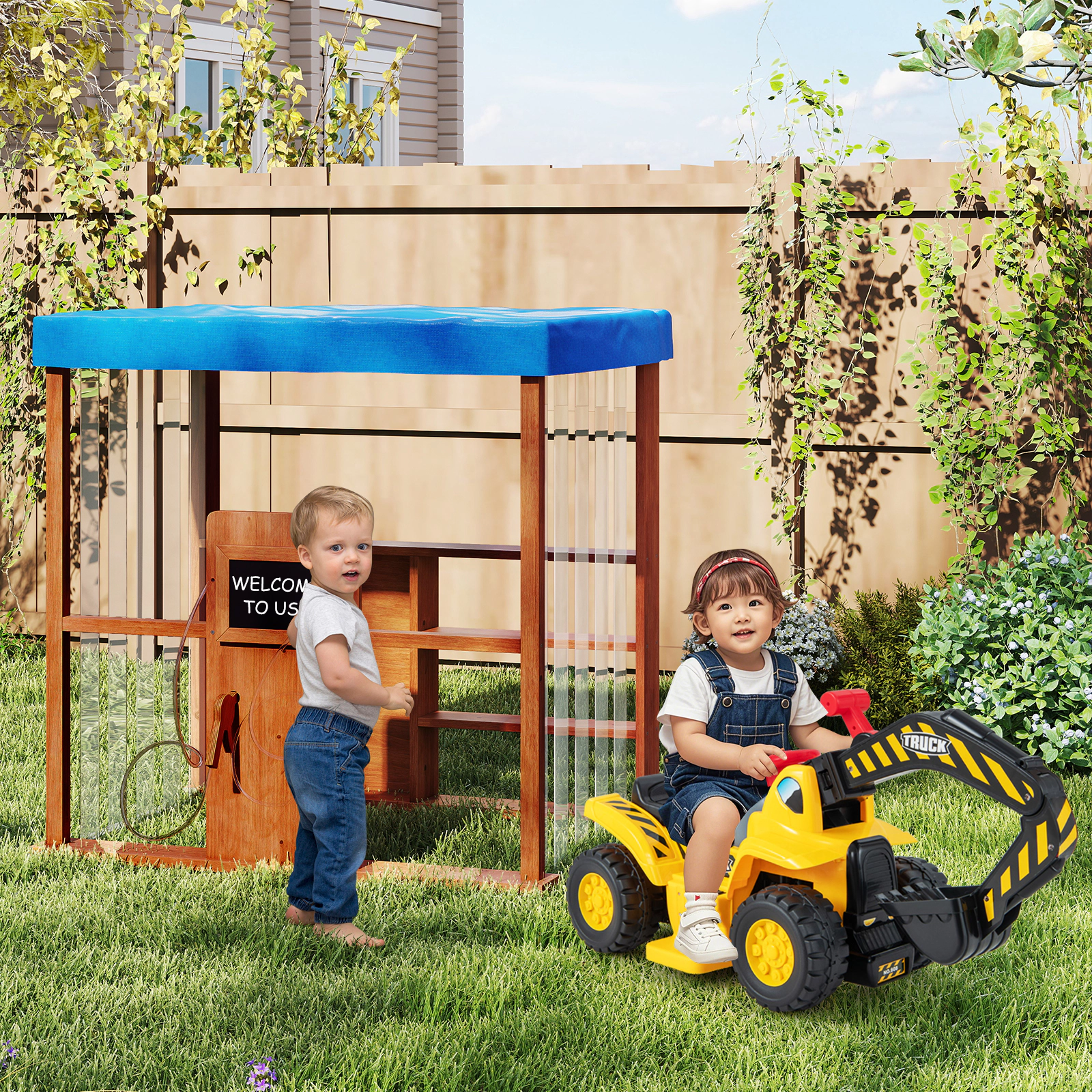 Kids Gas Station Playhouse Outdoor Wooden Play House with 2 Refueling Guns 2 Chalkboards 3-Tier Shelves Brown
