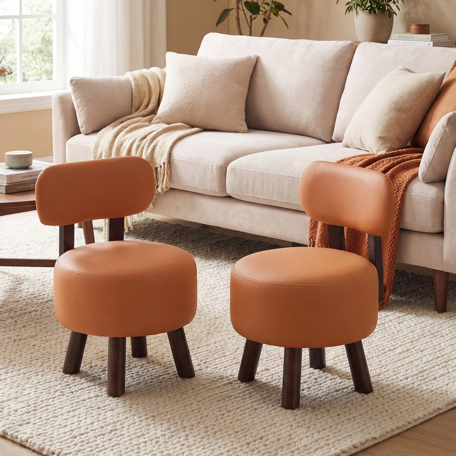 Glintex 2-Piece Round Footstool Set with Curved Backrests and Stackable Design, Orange