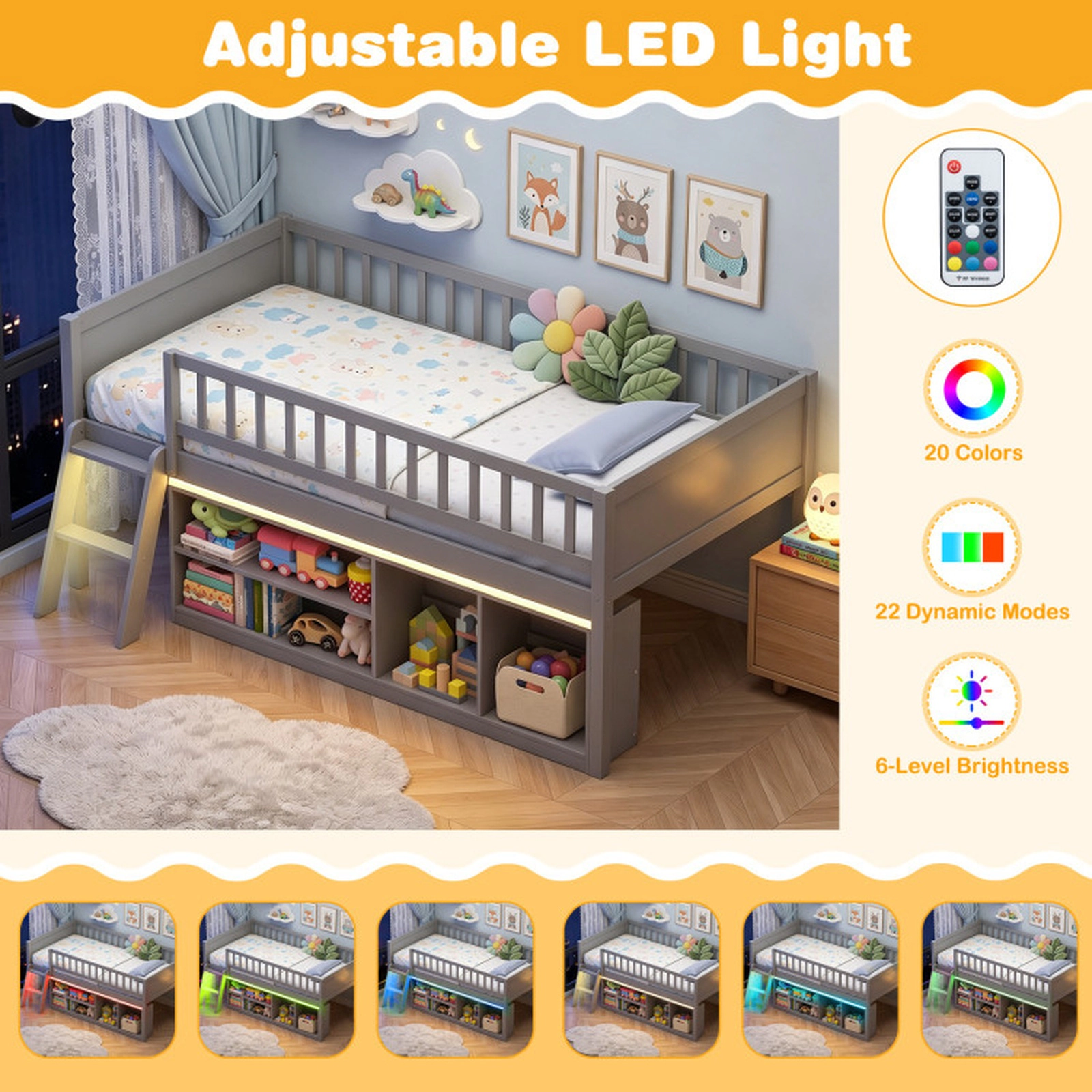 SUGIFT Twin Size Loft Toddler Bed with Adjustable LED Lights Bookshelves and Guardrails 400-lb Capacity Gray and White