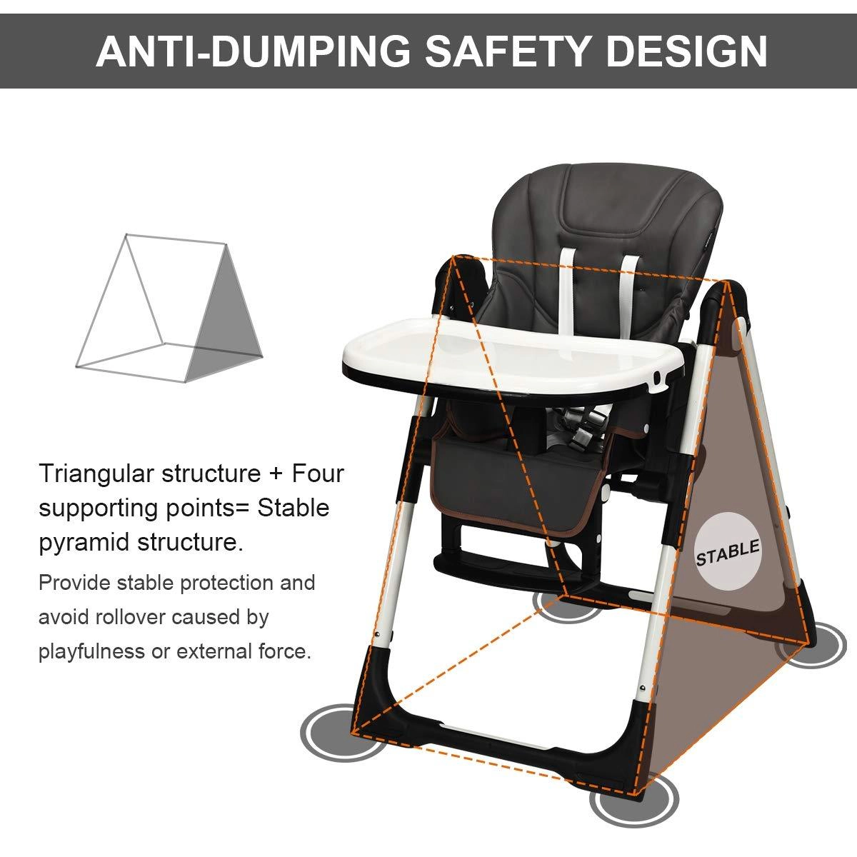 SUGIFT Foldable High Chair with Multiple Adjustable Backrest 50-lb Capacity Ages 0-5 Years Dark Gray