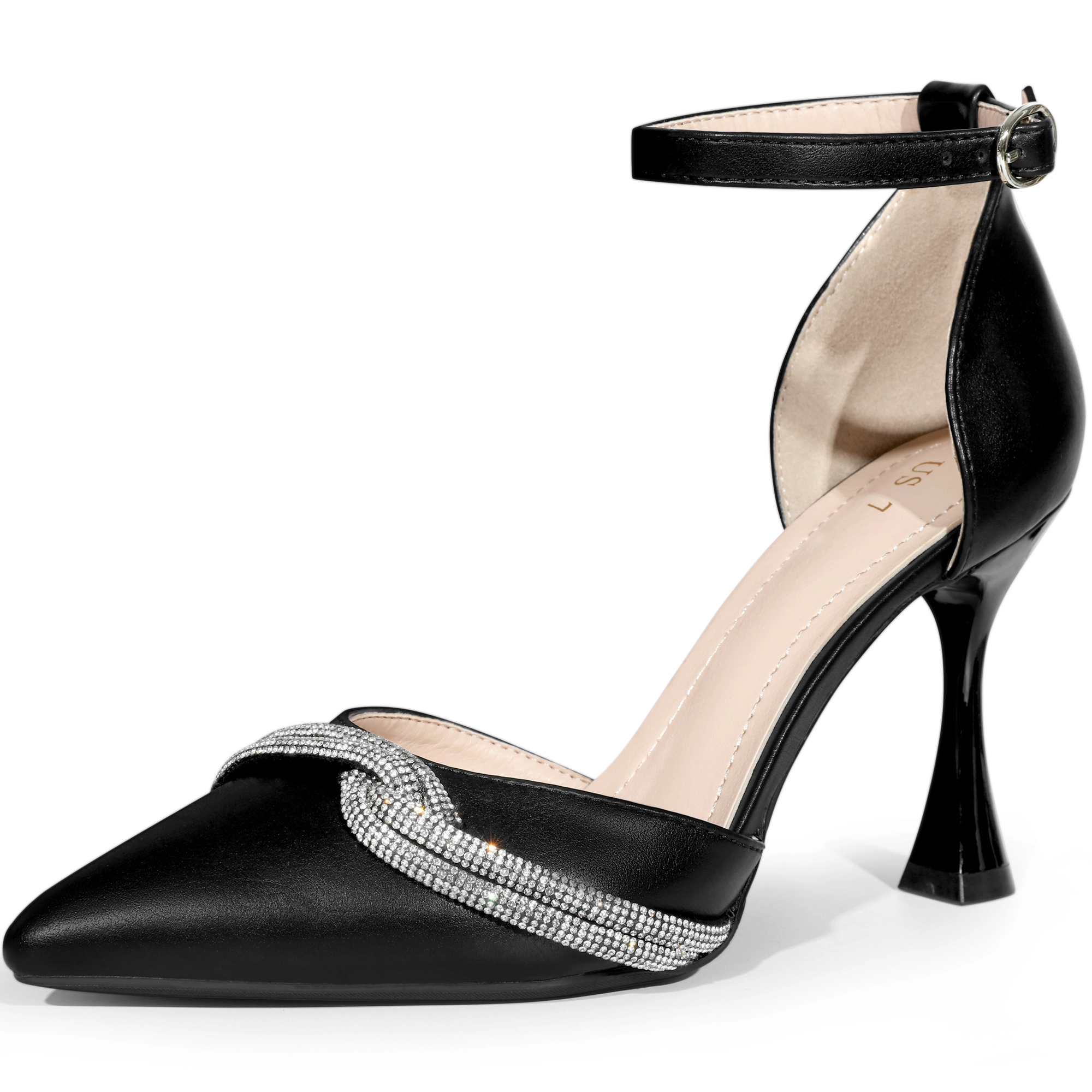 BLISSFUL STEP Women Rhinestone Pointy Toe Ankle Strap Stiletto Heel Pumps
