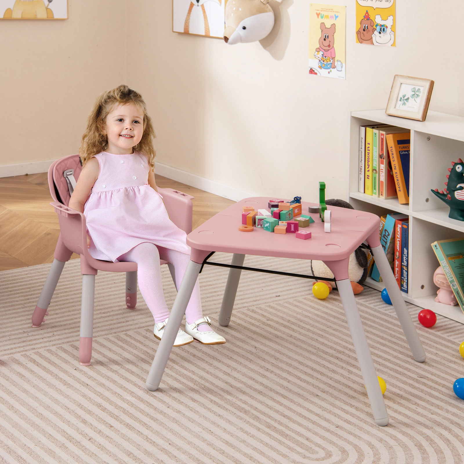 4-in-1 Lightweight Baby High Chair and Toddler Table and Chair Set 2-Position Adjustable Tray Removable PU Cushion