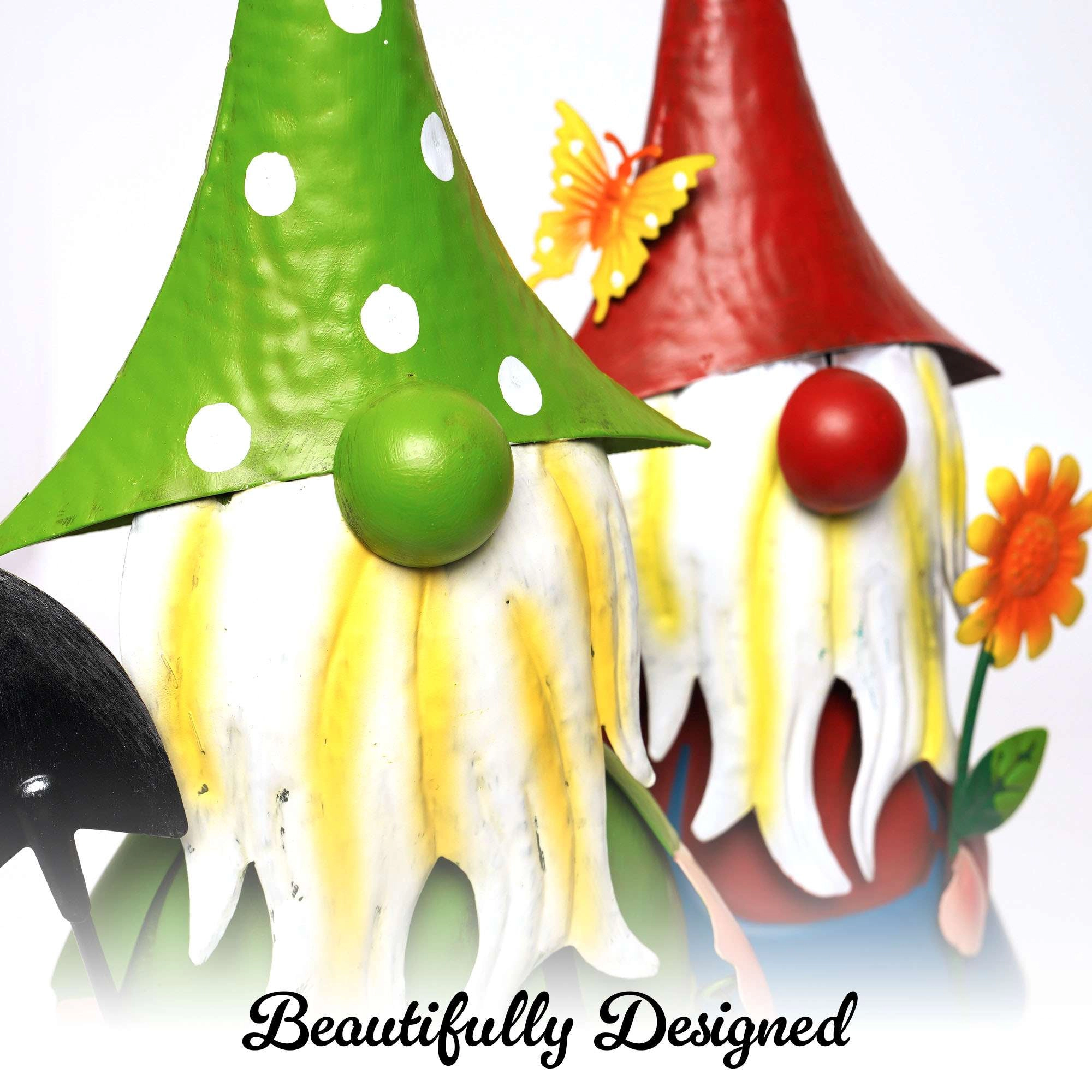 G128 Solar Gnome Garden Statues Set of 2 - 18.75in Metal Gnomes with Solar LED Lanterns for Garden, Lawn, Patio