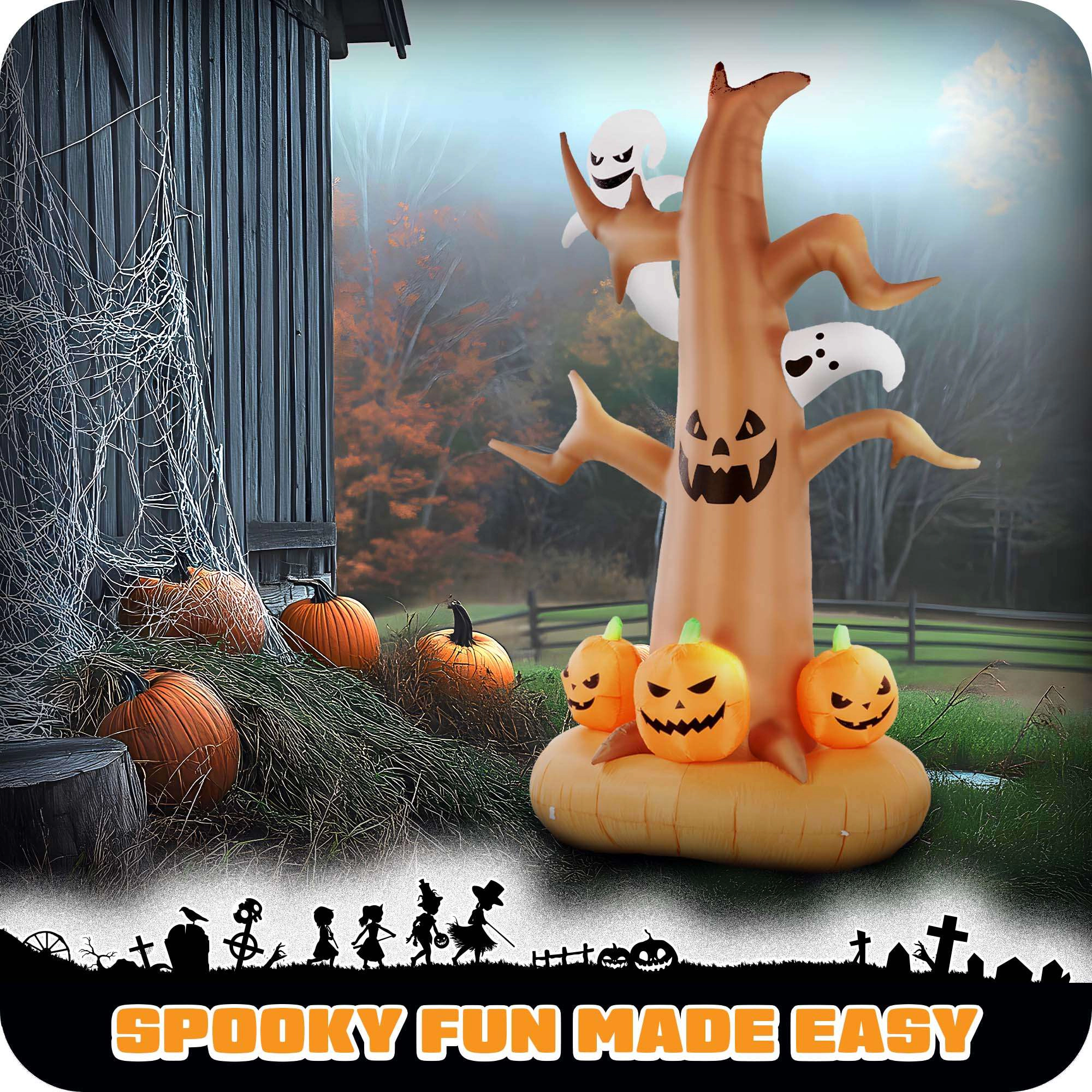 G128 8 ft Haunted Tree Inflatable with Ghosts and Pumpkins, LED Lights, Fast Inflate, Weather-Resistant Outdoor Decor
