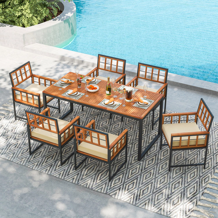 Hivvago 7 Pieces Patio Acacia Wood Dining Set With Soft Cushions And Umbrella Hole-Natural