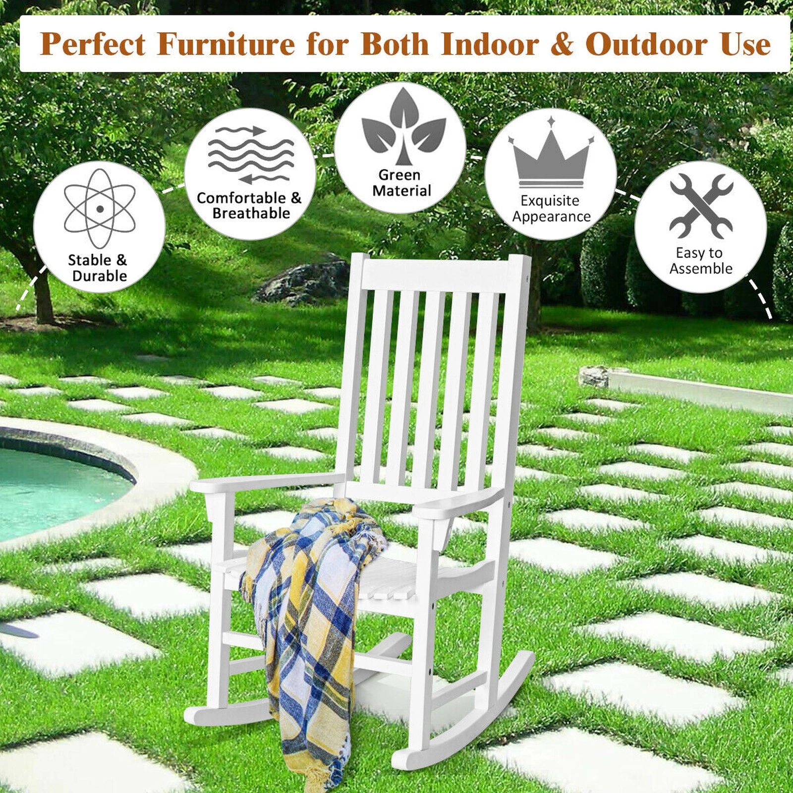 SUGIFT Indoor Outdoor Acacia Wood High Back Rocking Chair 350-lb Capacity 33 x 28 x 45.5-in Frame 21 x 20-in Seat White