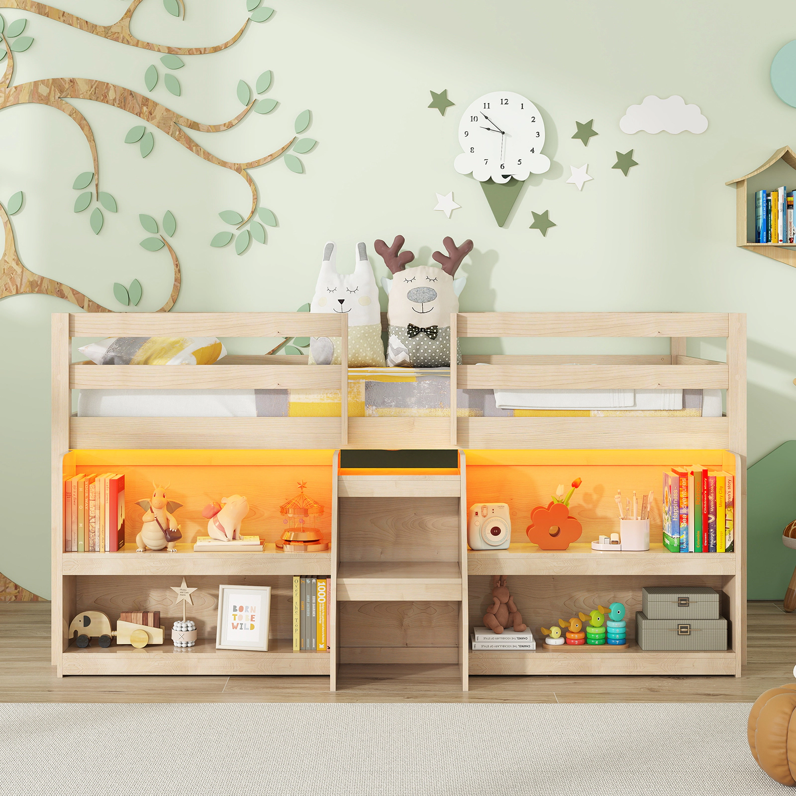 SUGIFT Twin Loft Bed with Staircase, Dimmable LED Lights and 2 Bookshelves