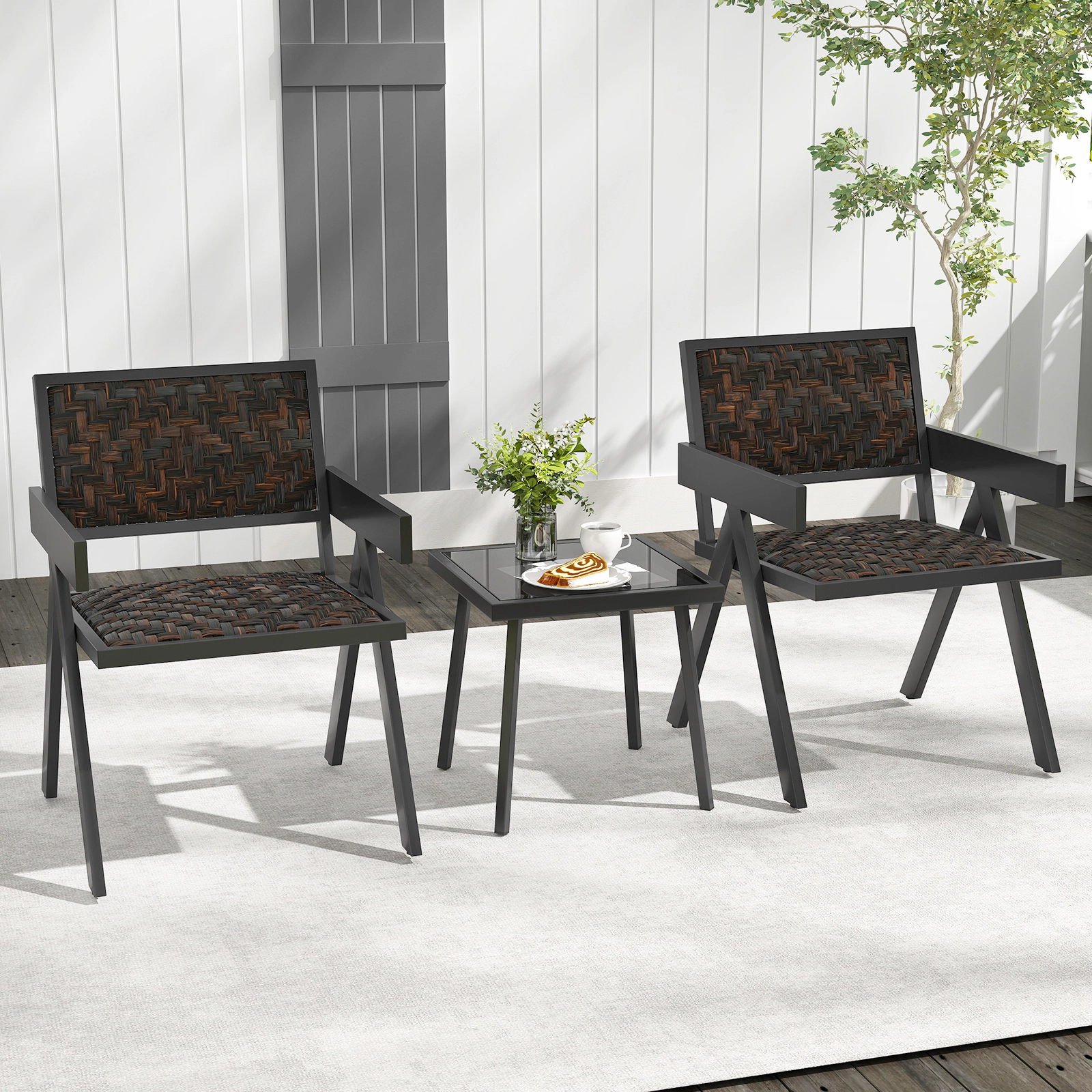 LJG 3 Pieces Patio PE Wicker Bistro Set with Quick-Drying Foam