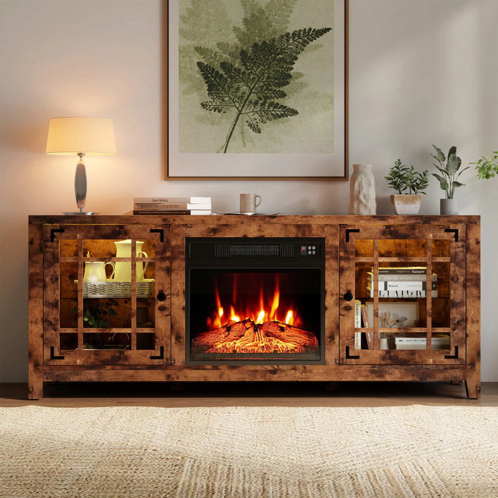 SUGIFT 58-In Rustic Brown Fireplace TV Stand, 5000 BTU, RGB LED Lights, 18-In Electric Fireplace